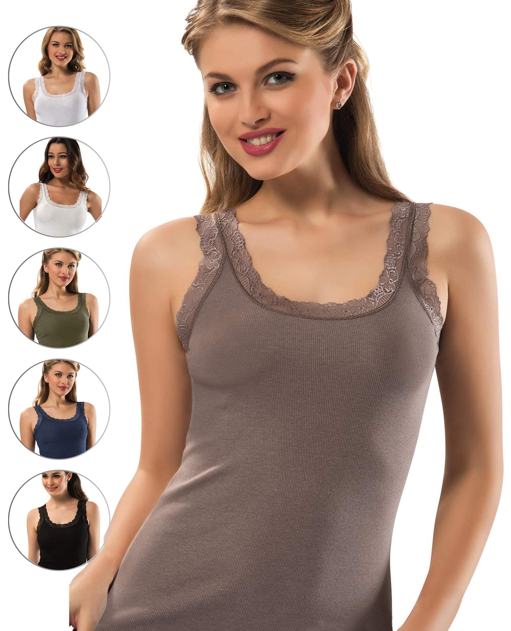 Lace Camisole Tank Tops For Women, Durable Comfy Soft Stretch Cotton Basic Cami (Brown, Small)