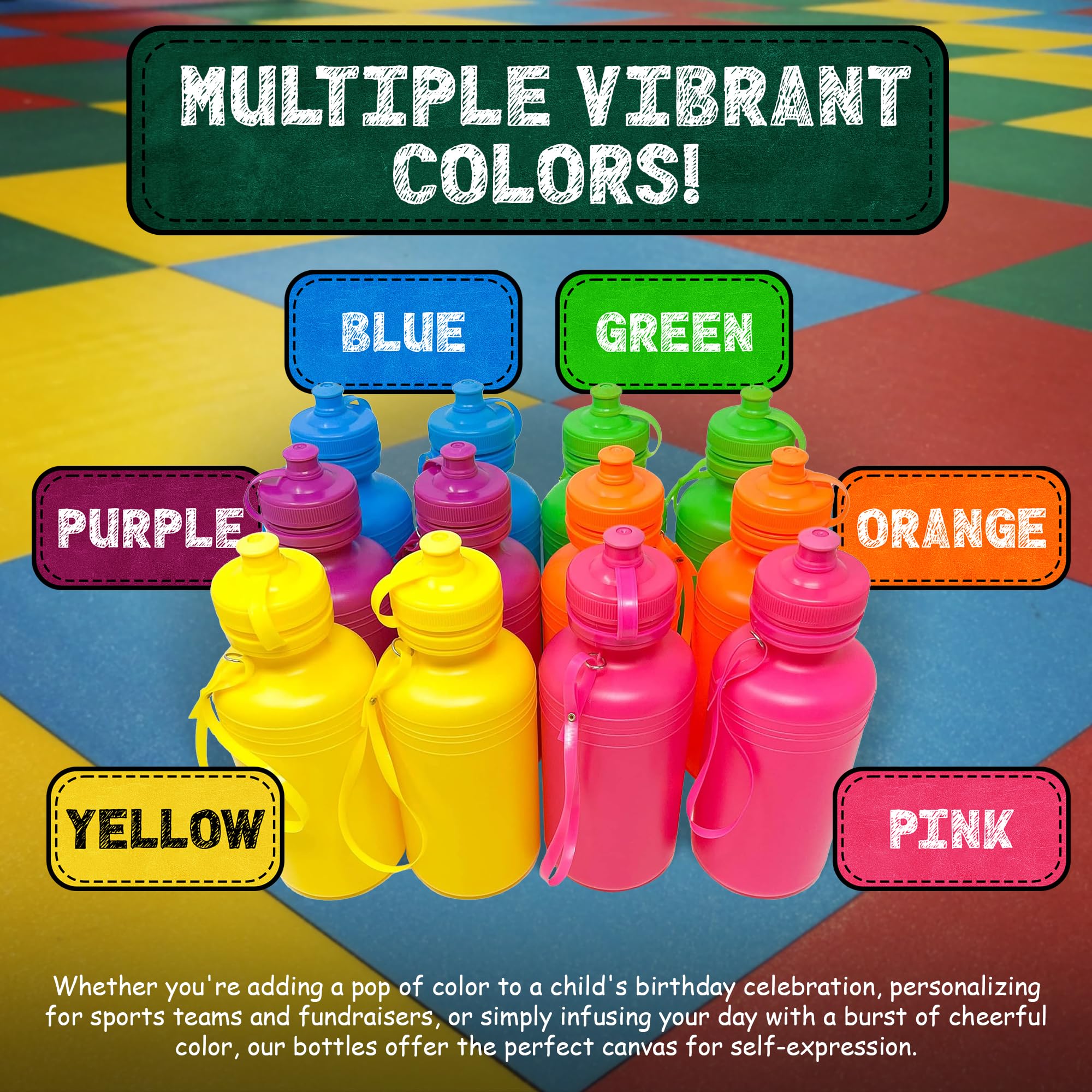 Podzly 12 Neon Bright Colors Plastic Water Bottles - Fun For Every Occasion, Party Favor, Personalized Sports Bottle - Trendy Be