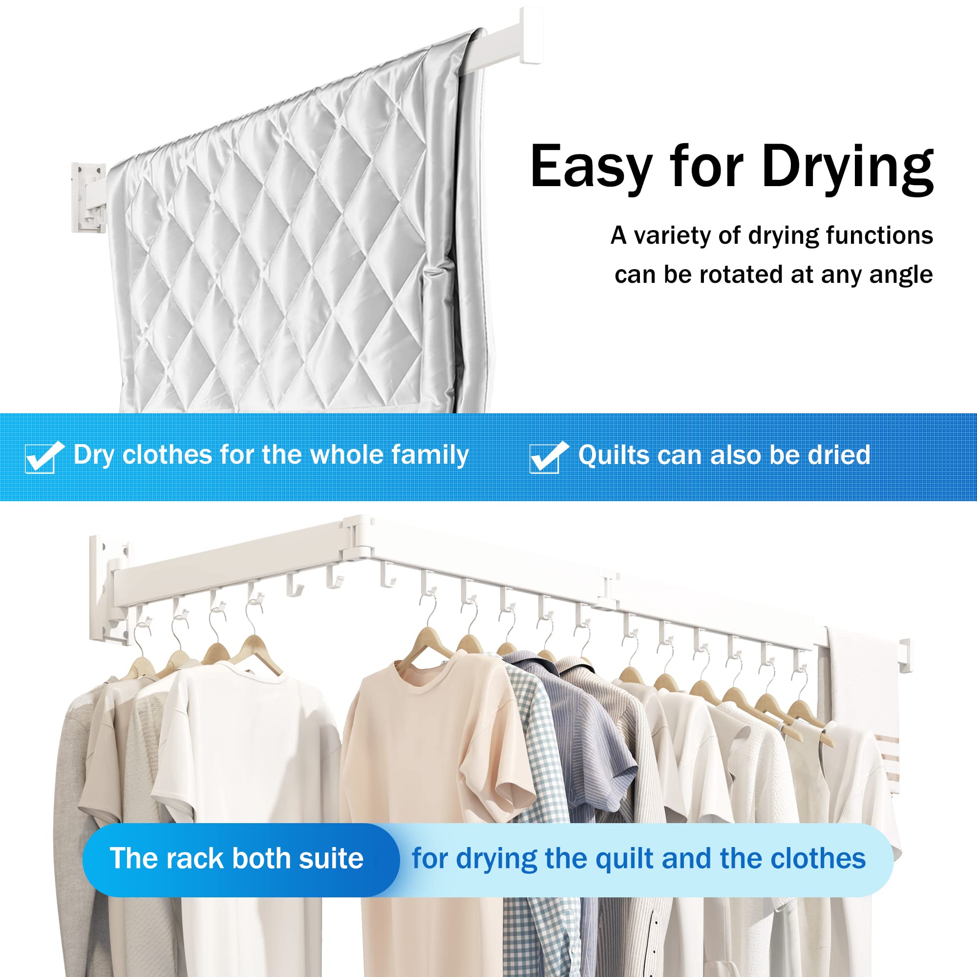 BOQORAD Wall Mounted Clothes Hanger Rack  Clothes Drying Rack Laundry Drying Rack Collapsible Clothes Rack Wall Mount  Retractable Drying Rack Clothing Space-Saver Clothes Dryer Rack White Color
