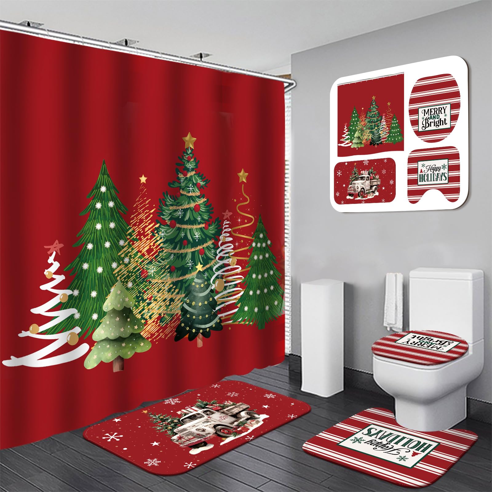 Drydiet 4 Pcs Christmas Shower Curtain Set Bathroom Non Slip Rugs Toilet Lid Cover Mat Shower Curtain For Xmas Home Decor(Red Ch