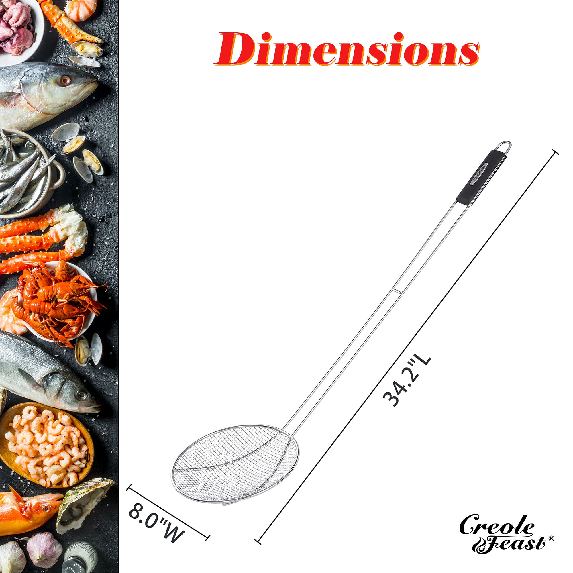 Creole Feast Skm3602 36-Inch Stainless Steel Skimmer With 8'' Bowl, Wire Strainer And Mesh Scoop, Crawfish Long Ladle Accessorie
