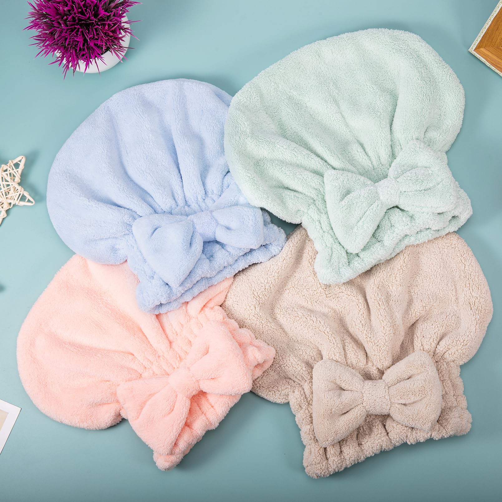 IJRPLM 4 Pack Microfiber Hair Towel Cap,Super Absorbent Hair Towel Wrap Drying Hair Cap,Soft Microfiber Hair Drying Towel Cap wi