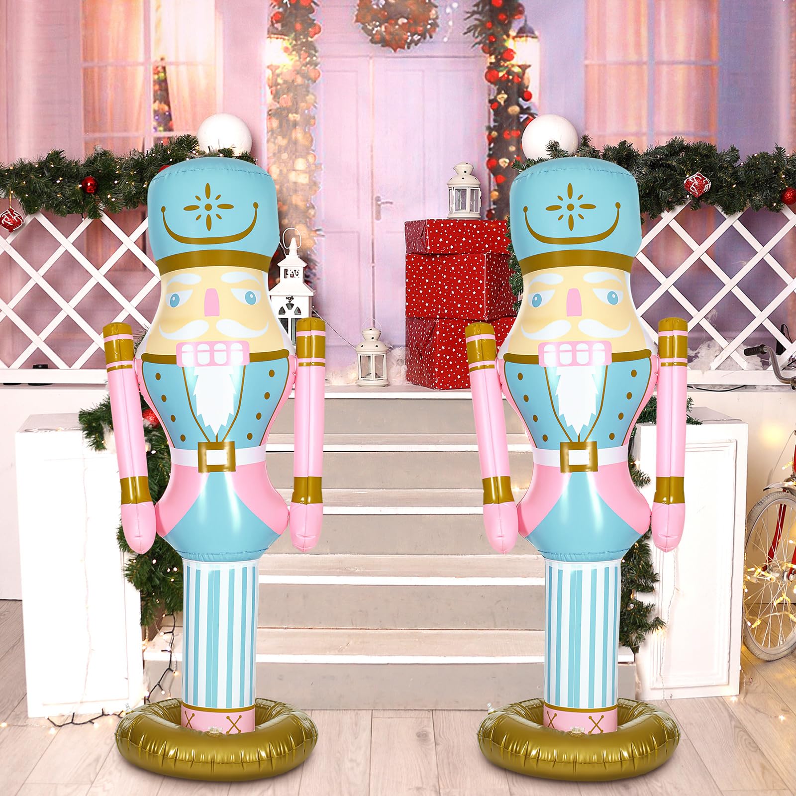 Leyndo 2pcs 5 ft Inflatable PVC Pastel Pink Nutcracker Figures Christmas Decor for Xmas Indoor Outdoor Lawn Weatherproof Decor(P