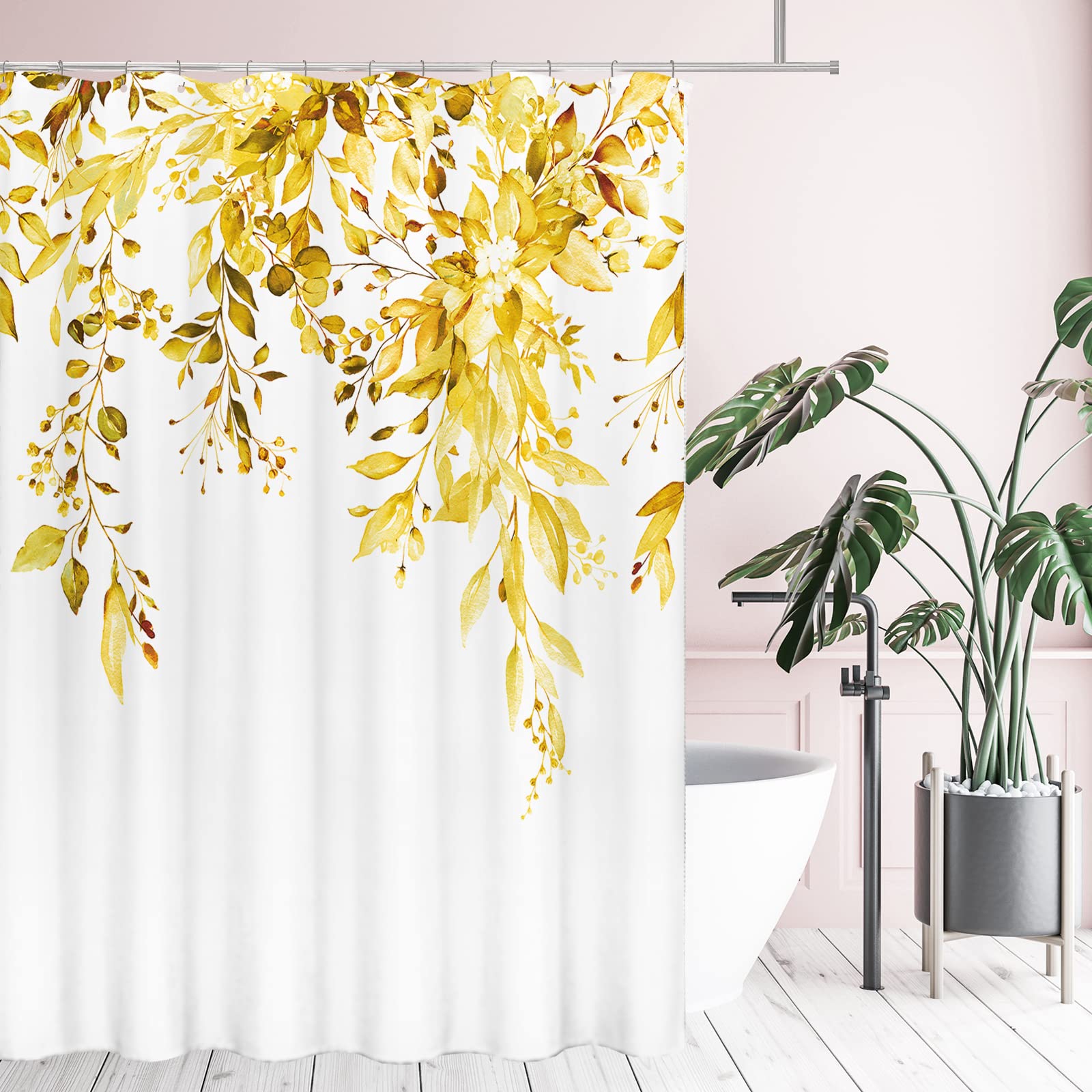 Tititex Yellow Eucalyptus Shower Curtain Sets, Watercolor Bright Leaves On The Top Plant With Floral Bathroom Decoration 72X84 I