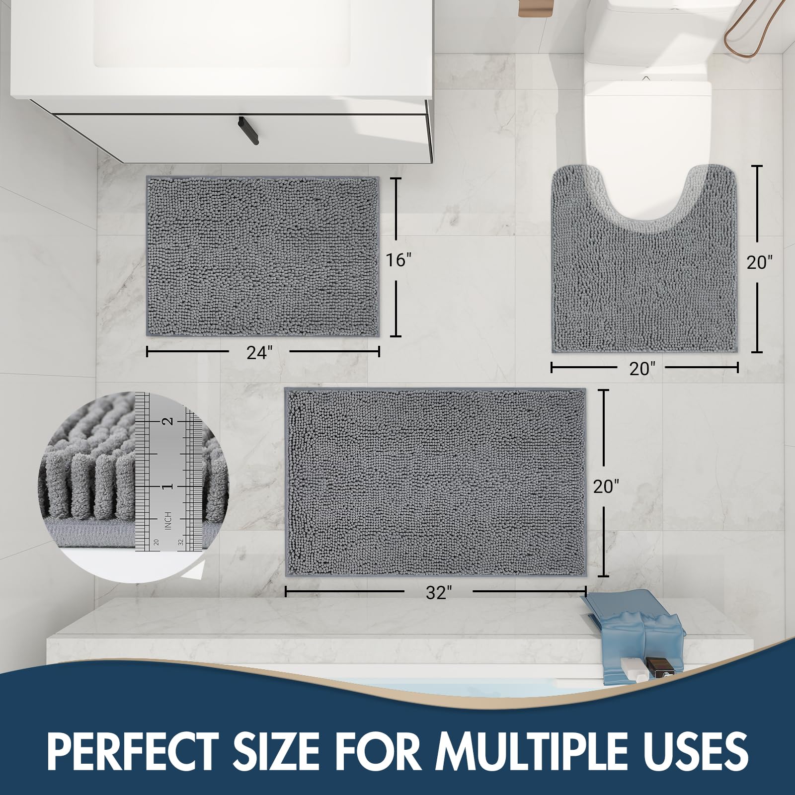 Treetone Bathroom Rugs Sets, Thick Soft Absorbent 3 Piece Chenille Bath Rugs, Non-Slip, Dry Quickly, Machine Washable, Shaggy Ma