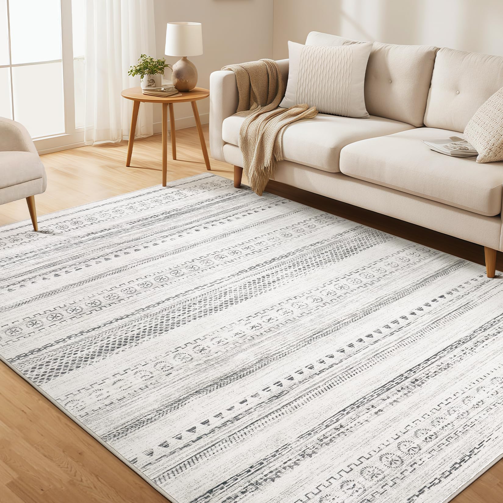 Area Rug Living Room Rugs - 6x9 Washable Boho Farmhouse Bohemian Neutral Large Rug Moroccan Geometric Soft No Slip Indoor Rug Th