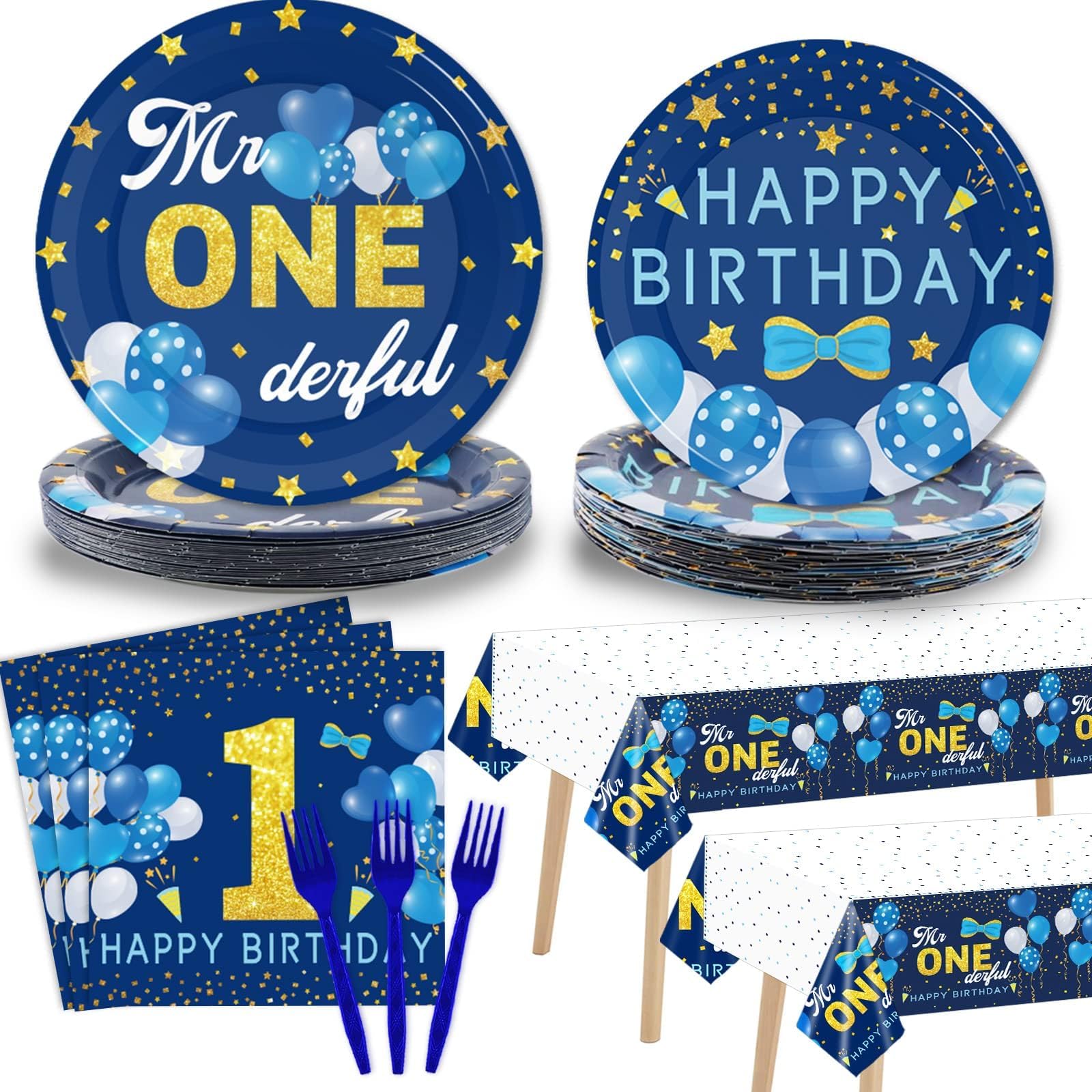 98 Pieces Mr Onederful 1St Birthday Party Decorations Boy 1St Birthday Tableware Set Blue Tablecloth Plates Party Supplies Kit F