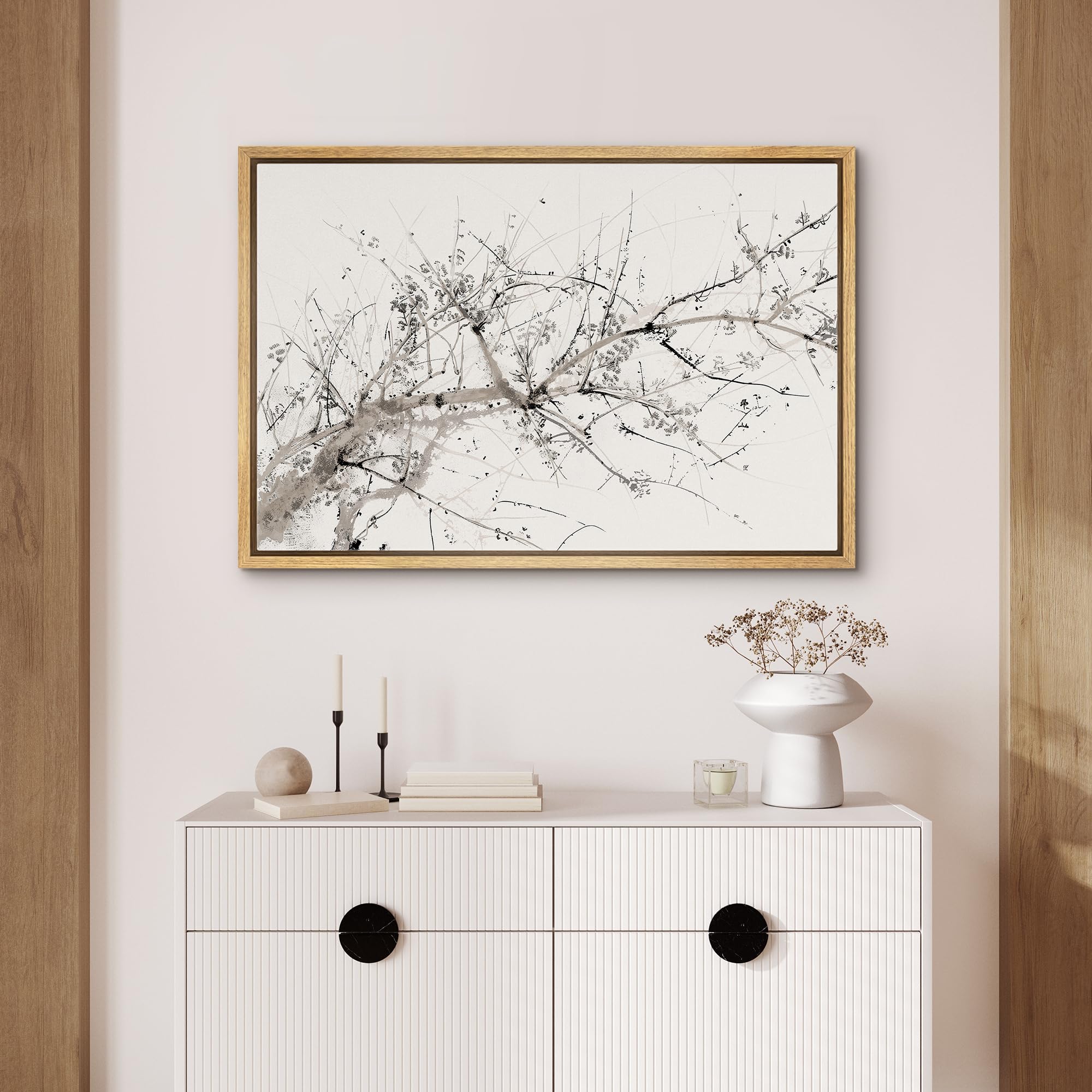 Signford Framed Canvas Print Wall Art Abstract Ink Tree Branch Illustrations Modern Art Decorative Minimal Relax/Zen For Living