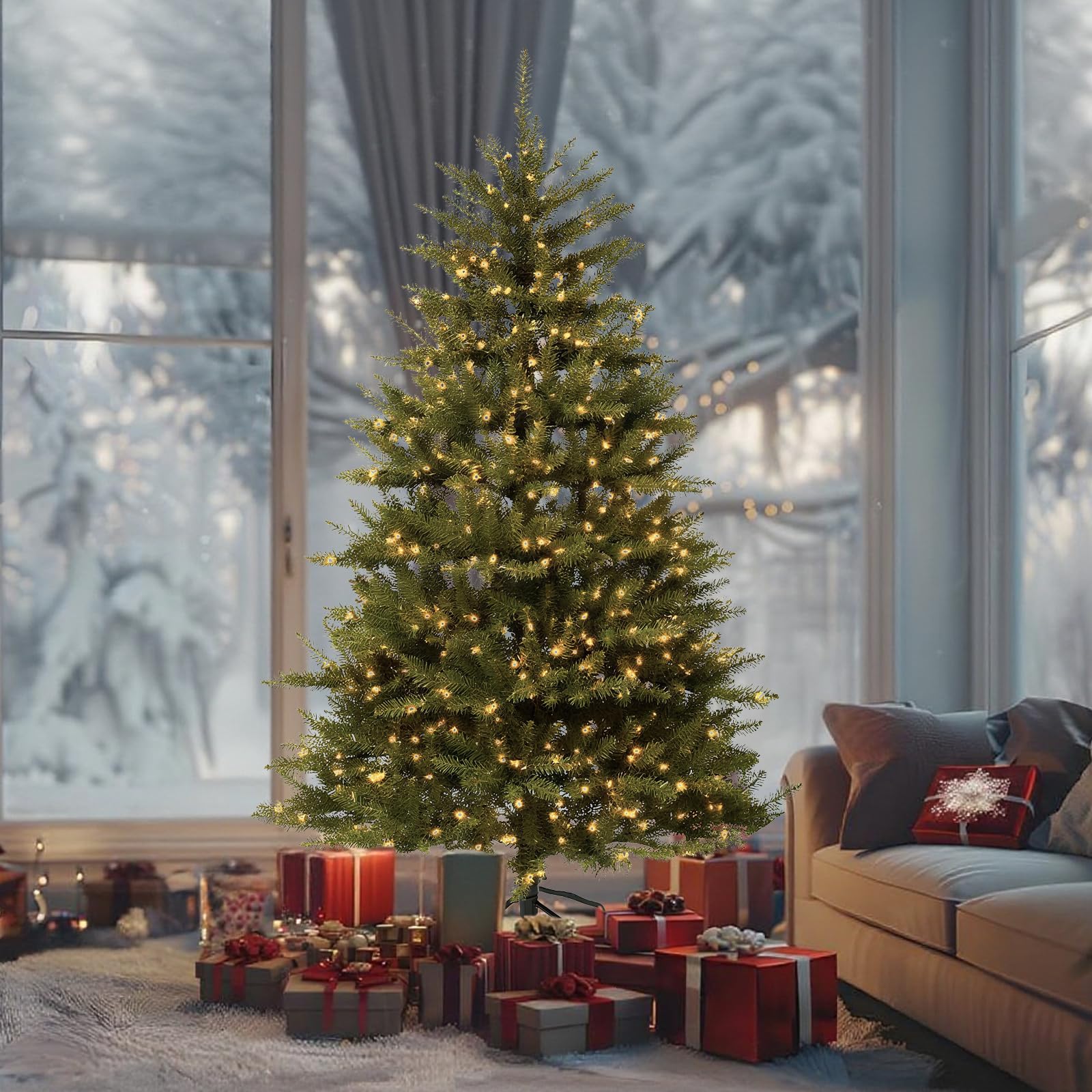 Aovotreena 6FT Pre-Lit Artificial Christmas Tree with 500 White Lights, 1430 PVC Branch Tips,Green Dunhill Fir Xmas Tree, Foldab