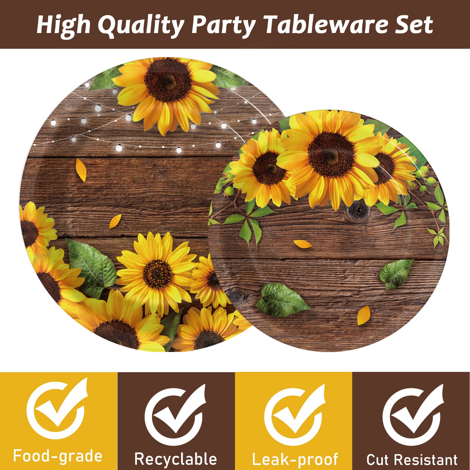 Wiooffen 96 Pcs Sunflower Party Supplies Sunflower Wood Grain Themed Party Decoration Sunflower Party Tableware Set Kids Party P