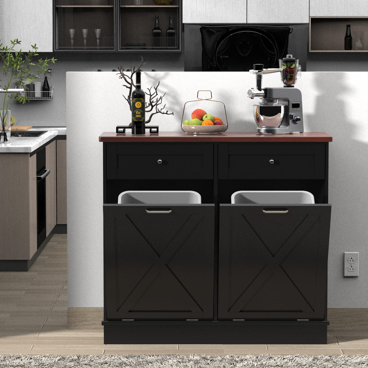 Tolead Double Tilt Out Trash Can Cabinet,Farmhouse Style Kitchen Trash Cabinet With Barn Door, Solid Wood Tabletop, Pet Proof Tr