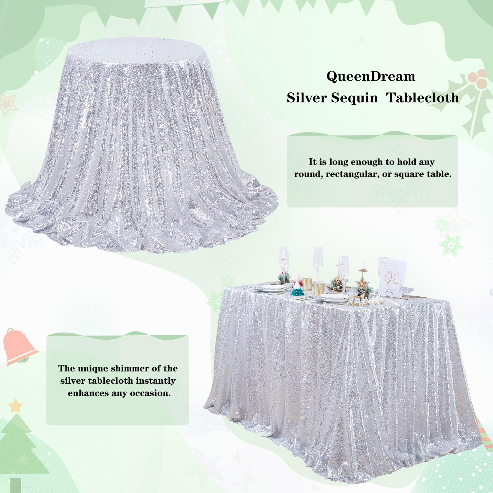 Queendream Sequin Tablecloth 60X102 Inch Silver Tablecloth Christmas Glitter Tablecloth 6Ft For Baby Shower Party Christmas Deco