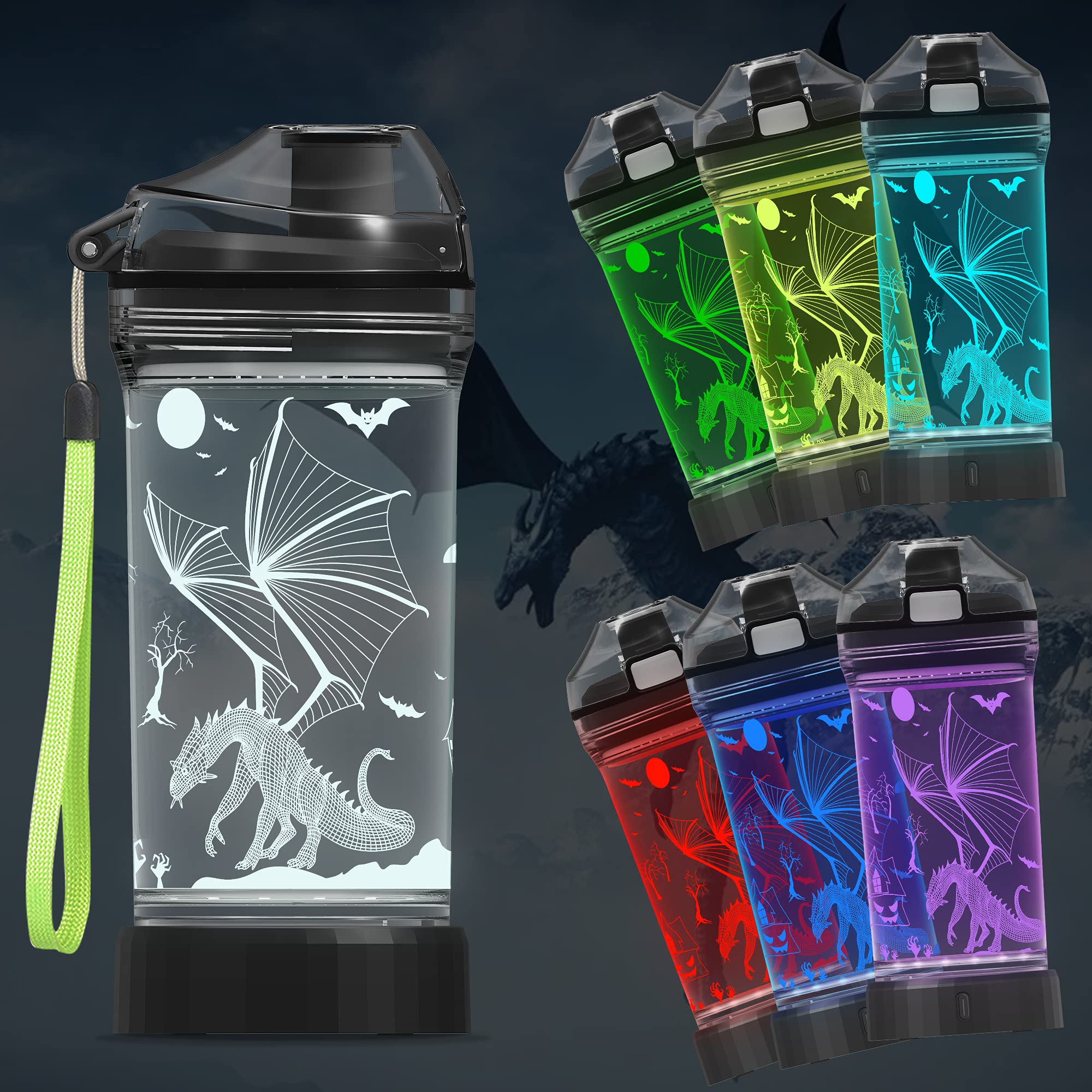 Ammonite Dragon 14 Oz Water Bottle With 3D Glowing Led Light - Bpa Free Tritan - Travel Cup Gift For Back To School Boy Child Ho