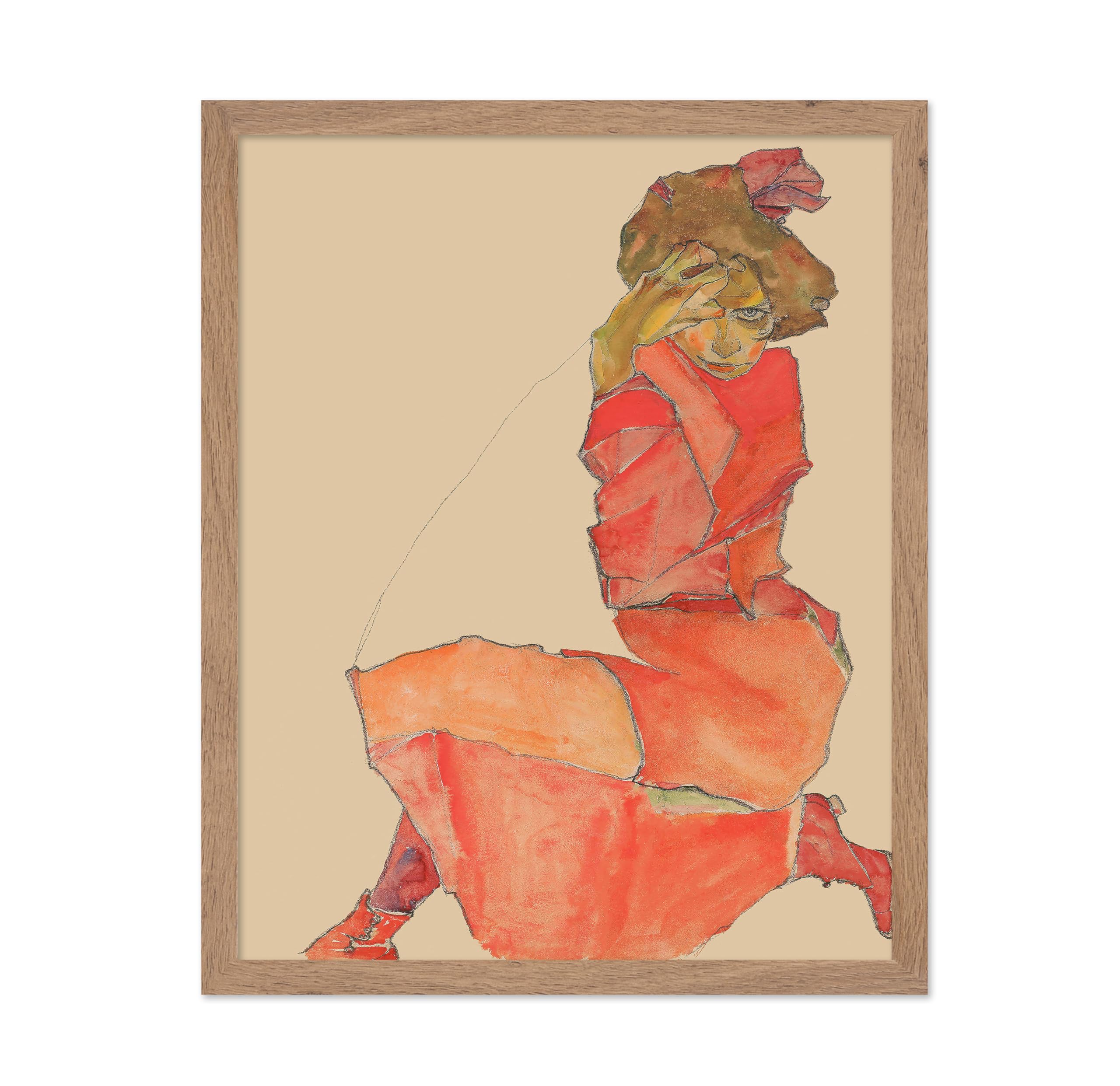Poster Master Vintage Illustration Poster - Retro Expressionism Print - Gift for Artist, Friend - Kneeling Female in Orange Red 