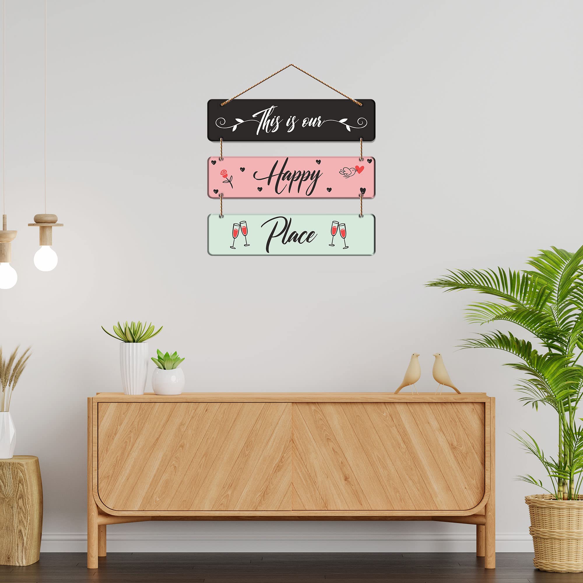Artvibes Happy Place Family Wooden Wall Hanger for Home Decor | Office | Living Room | Gifts | Bedroom | Quotes Decorative Items