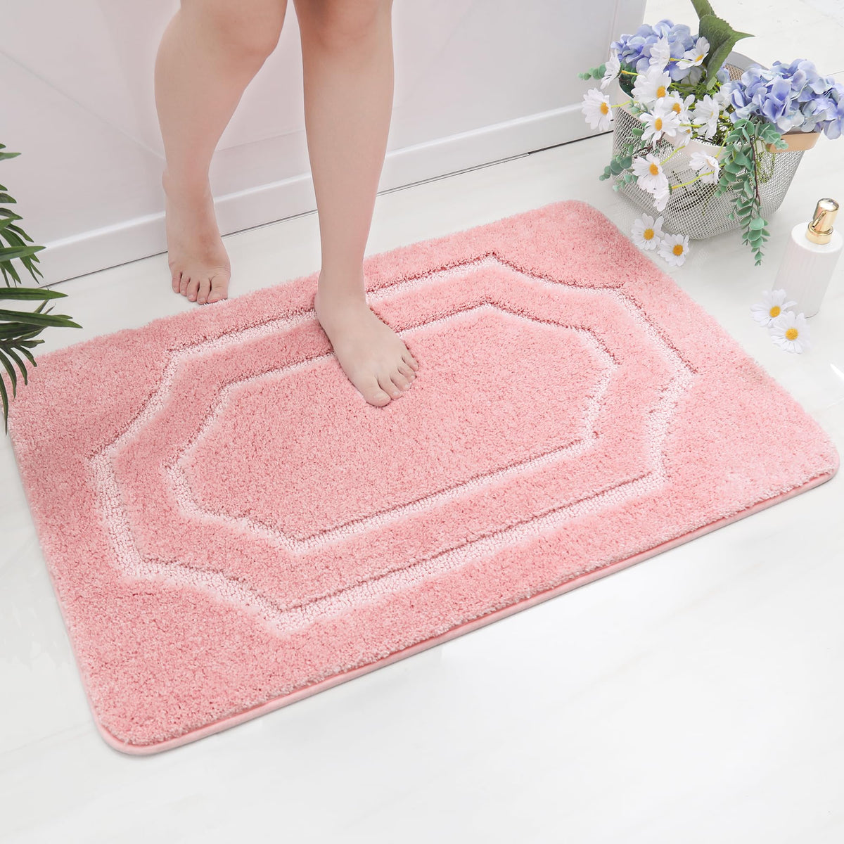 Beqhause Bathroom-Rugs-Non-Slip-Bath-Mats For Bathroom Soft And Absorbent Polyester Microfiber Pink Bath Mat Machine Washable Sh