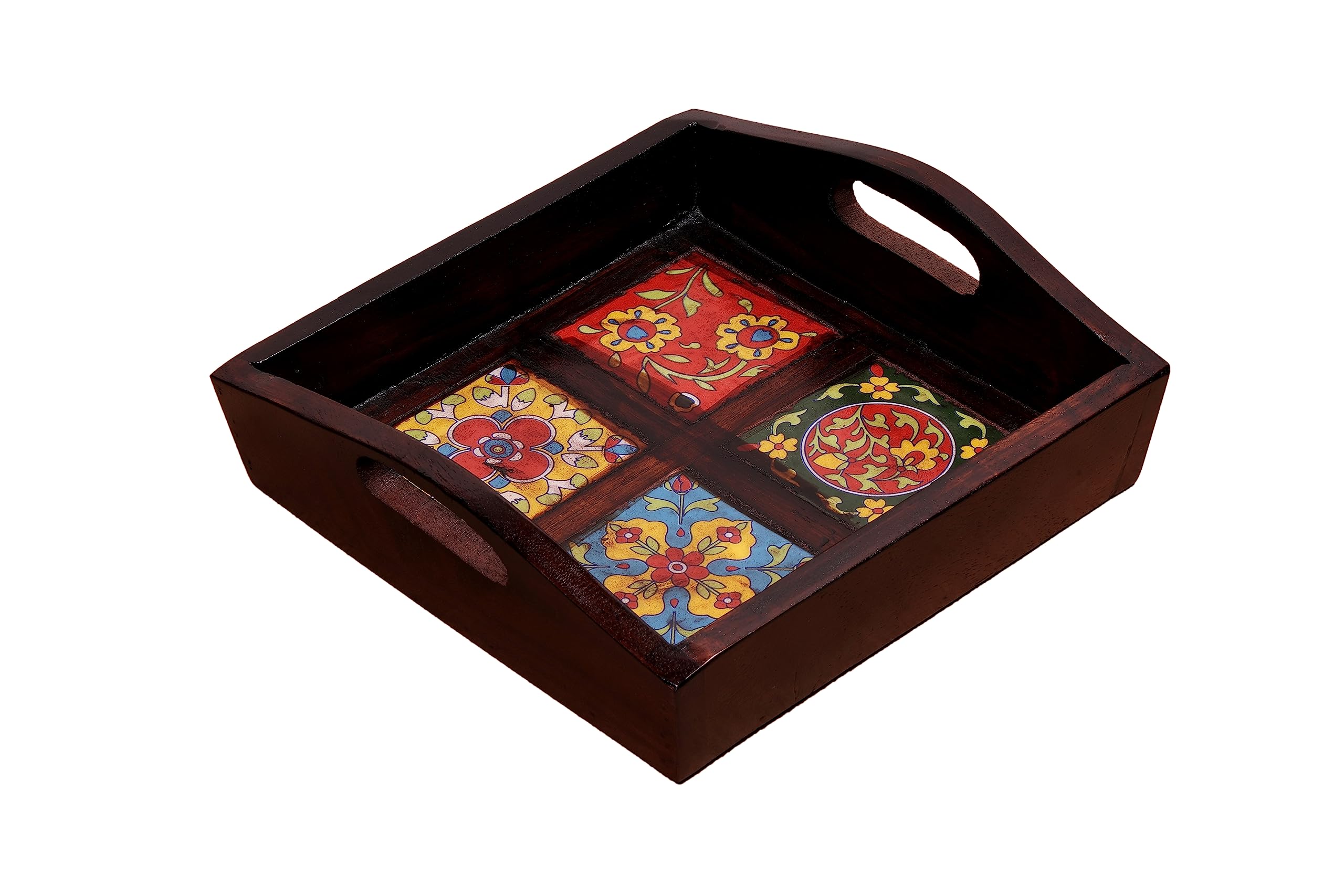 Crafted Wonders Wooden Tray Handcrafted Serving Tray For Table Decor, Dining And Serving, Home Decor And Gifts (4 Tile Tray)