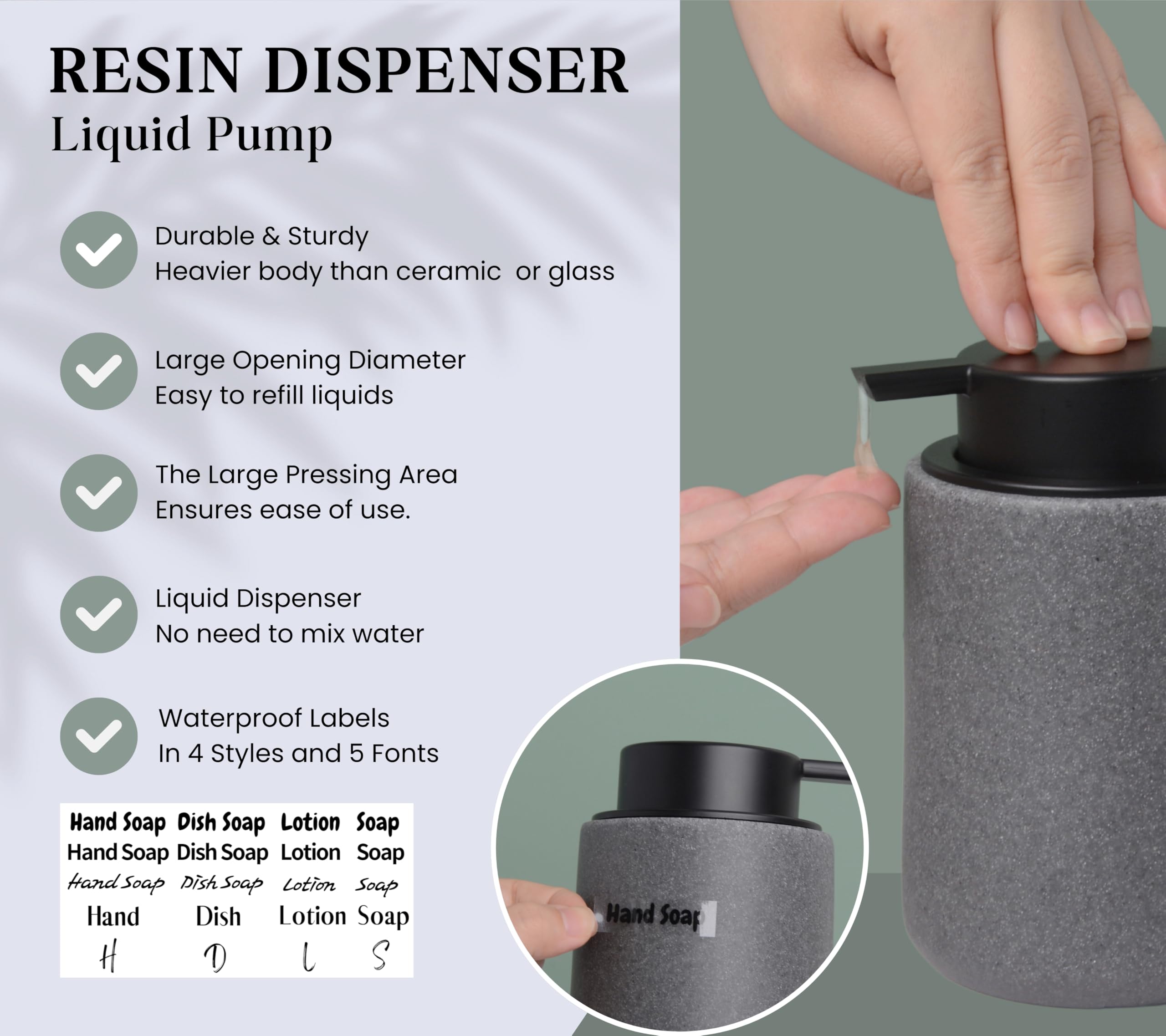 Clasin Home Resin Hand Soap Dispenser With Easy-To-Press Pump, Refillable Liquid Soap Dispenser With Sandstone Like Finish, Soap