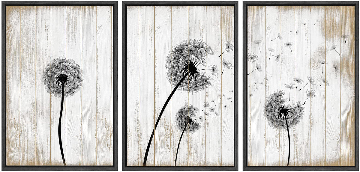 Signwin 3 Piece Framed Canvas Wall Art Dandelion On Wood Background Canvas Prints Home Artwork Decoration For Living Room,Bedroo