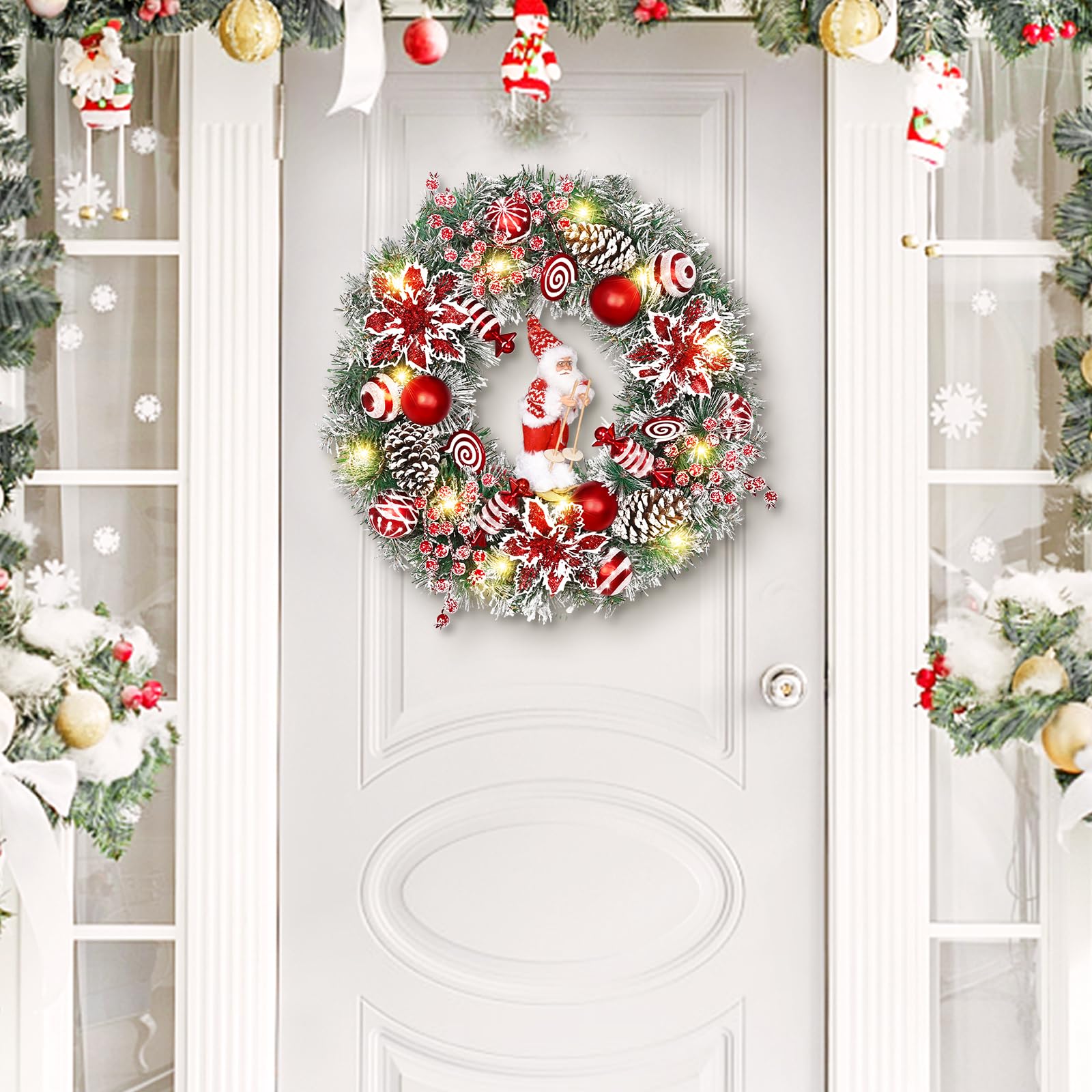 Christmas Wreaths for Front Door, 18 Christmas Wreath with Skiing Santa Claus, Red Poinsettias Christmas Wreath, Christmas Door