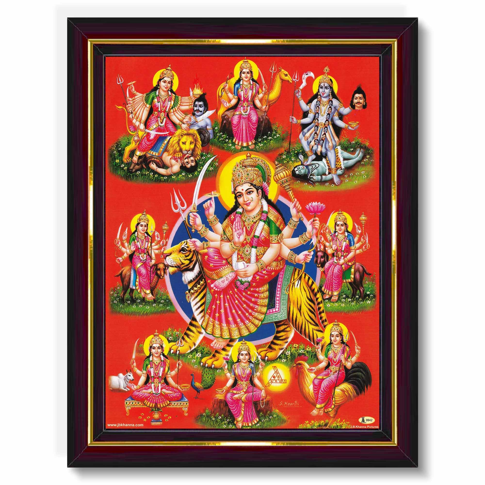 Pavan Photo Laminations Durga Maa Mata Goddess Nav Navadurga Navdurga Wall Painting Framed Home Decor (Wood,Matte,Brown,Small Si