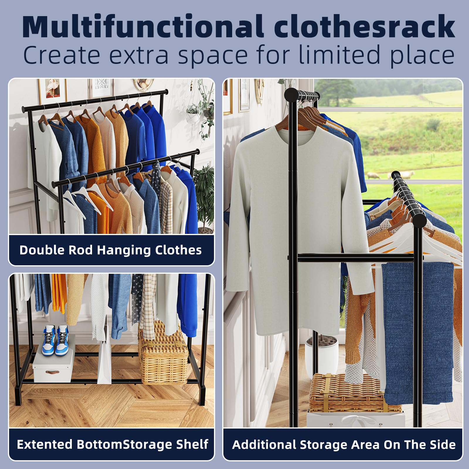 Ekisemio Double Rod Garment Rack For Hanging Clothes, Clothing Rack With Storage Shelves, Metal Multi-Functional Clothes Rack Fo