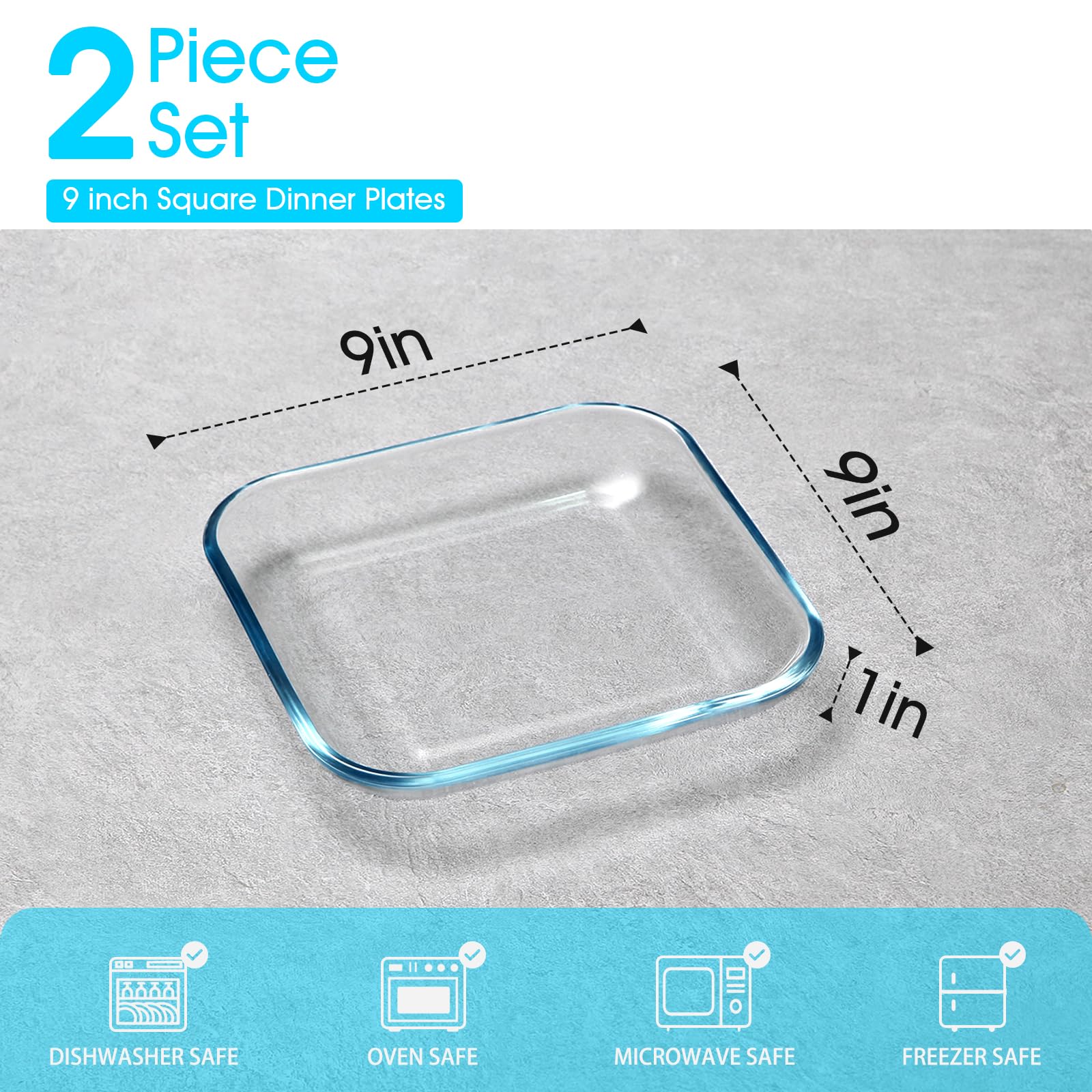 Nutriups 2 Pack 9 Inch Glass Dinner Plates, Tempered Glass Pasta Salad Plate Set For Kitchen, Glass Serving Plates, Dinnerware D