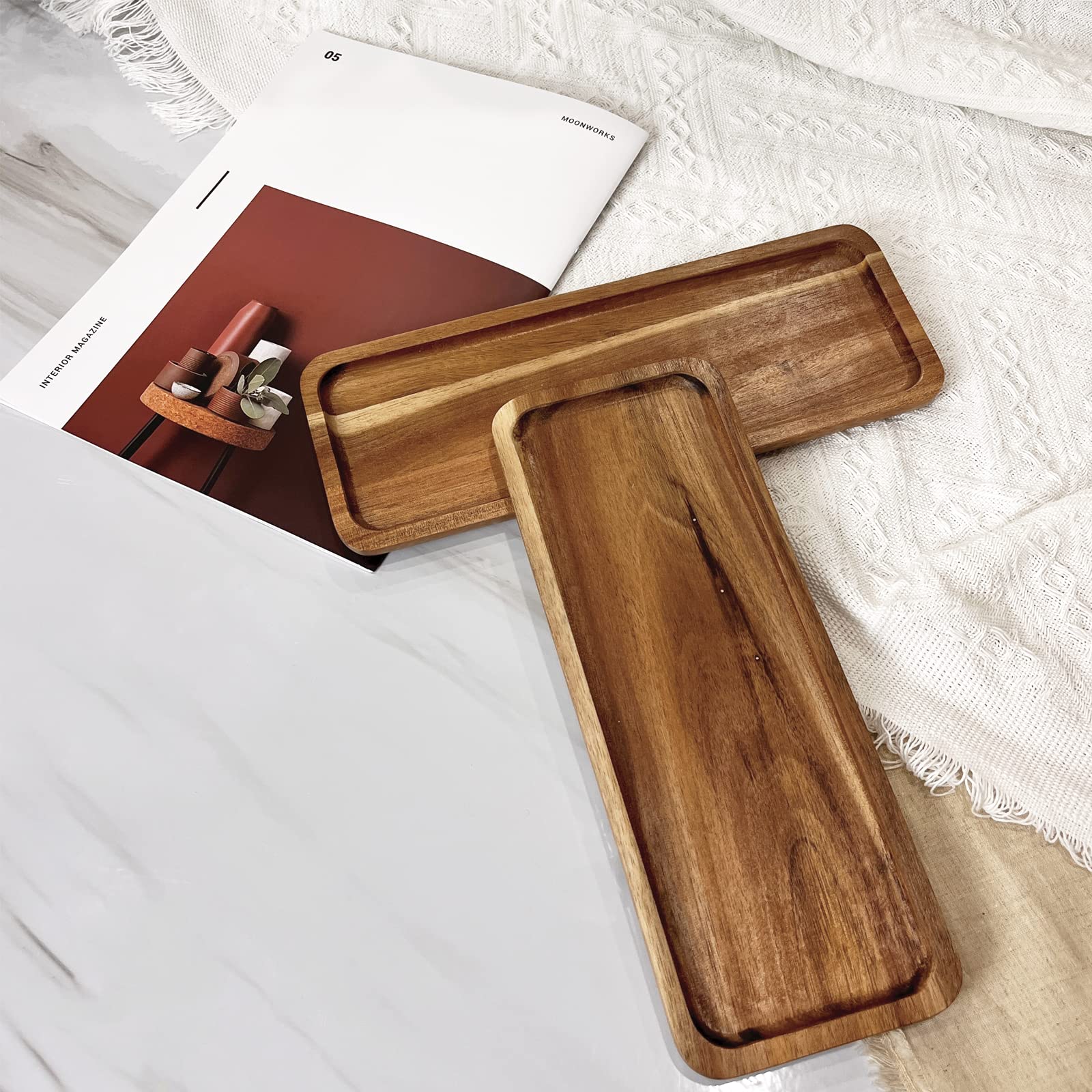 2 Pack Small Wooden Platters Rectangle Serving Trays Acacia Serving Platter Home Decor Serving Cheese Board For Bar Coffee Party