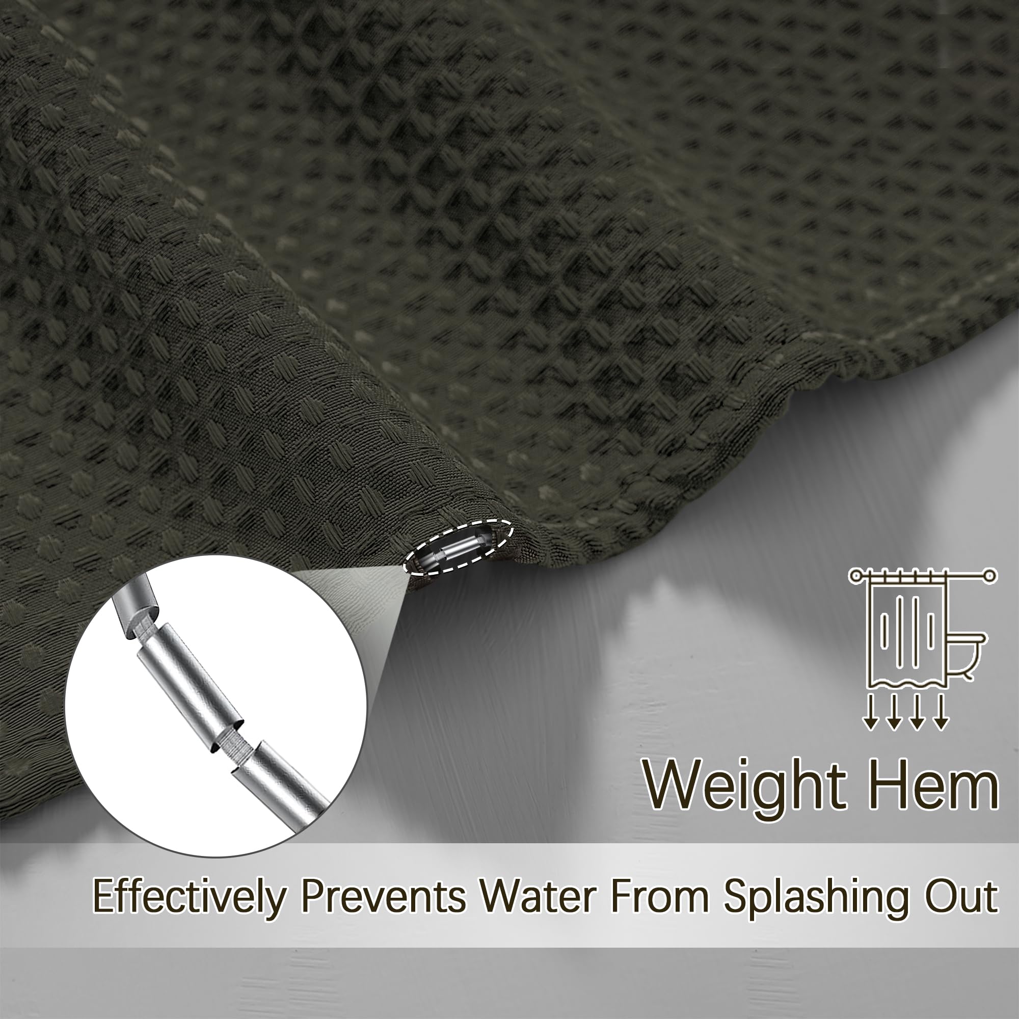 Pangsinne Brown Shower Curtain Waffle Weave Textured Fabric Heavy Duty Shower Curtain Set For Bathroom, Waterproof 256Gsm Weight