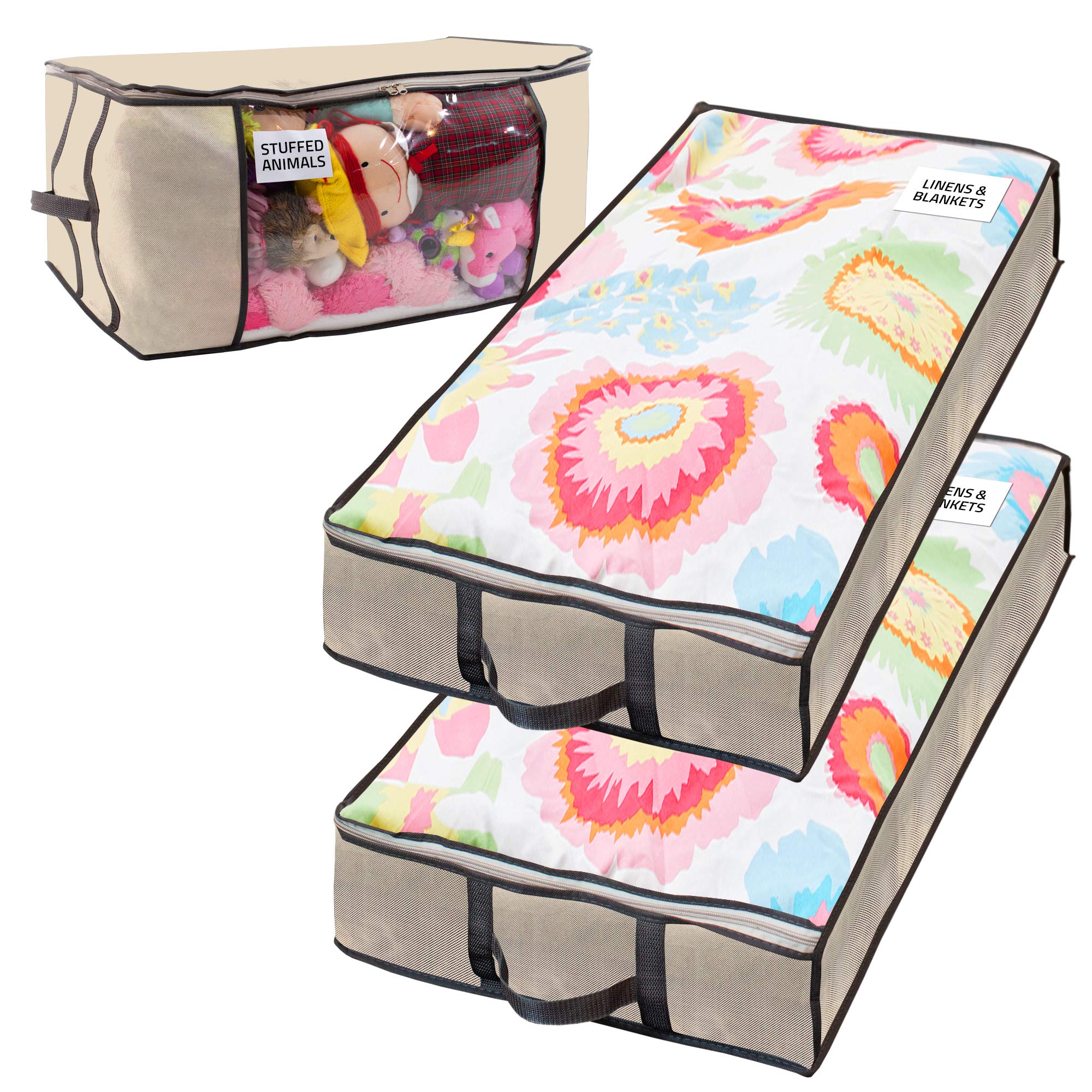 Underbed Storage Bag 2 Large Under-the-Bed Storage Containers and Organizer Bin Reinforced Handles Metal Zipper Foldable Under-B