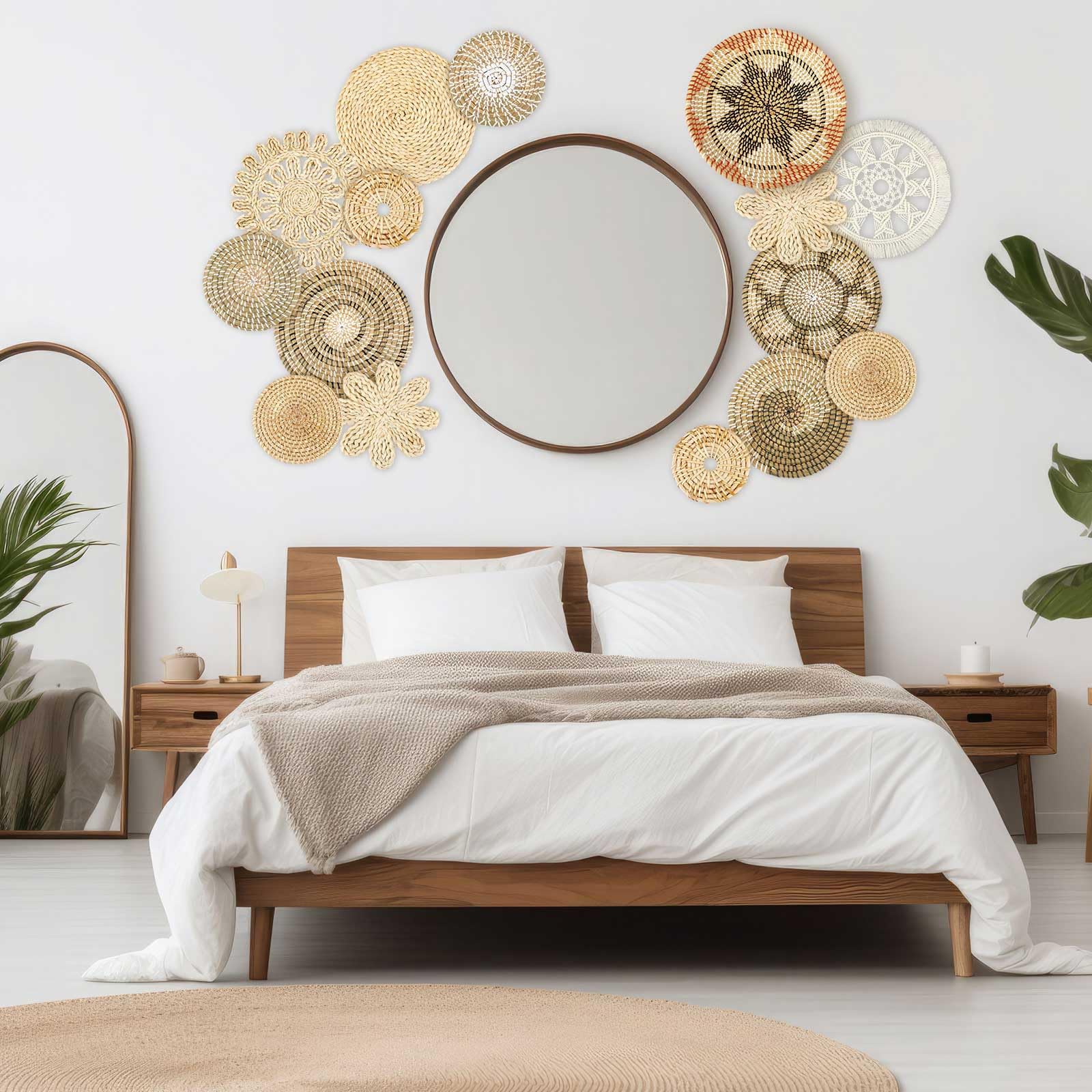 Xuhal 15 Pcs Boho Wall Basket Decor Hanging Woven Wall Basket Decorative Rustic Handcrafted Seagrass Baskets Round Woven Hanging