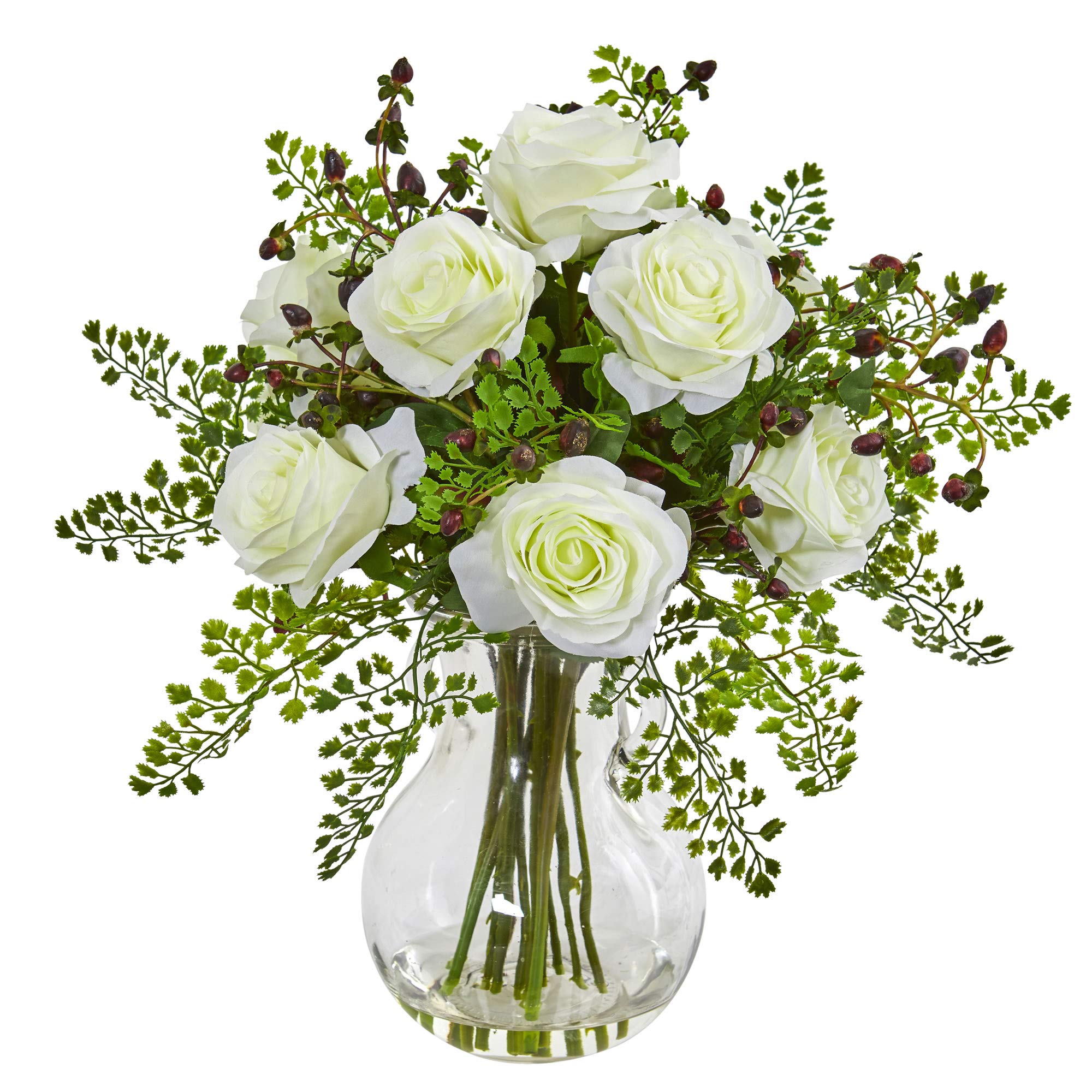 Nearly Natural Roses & Maiden Hair Artificial Glass Vase Silk Arrangements White