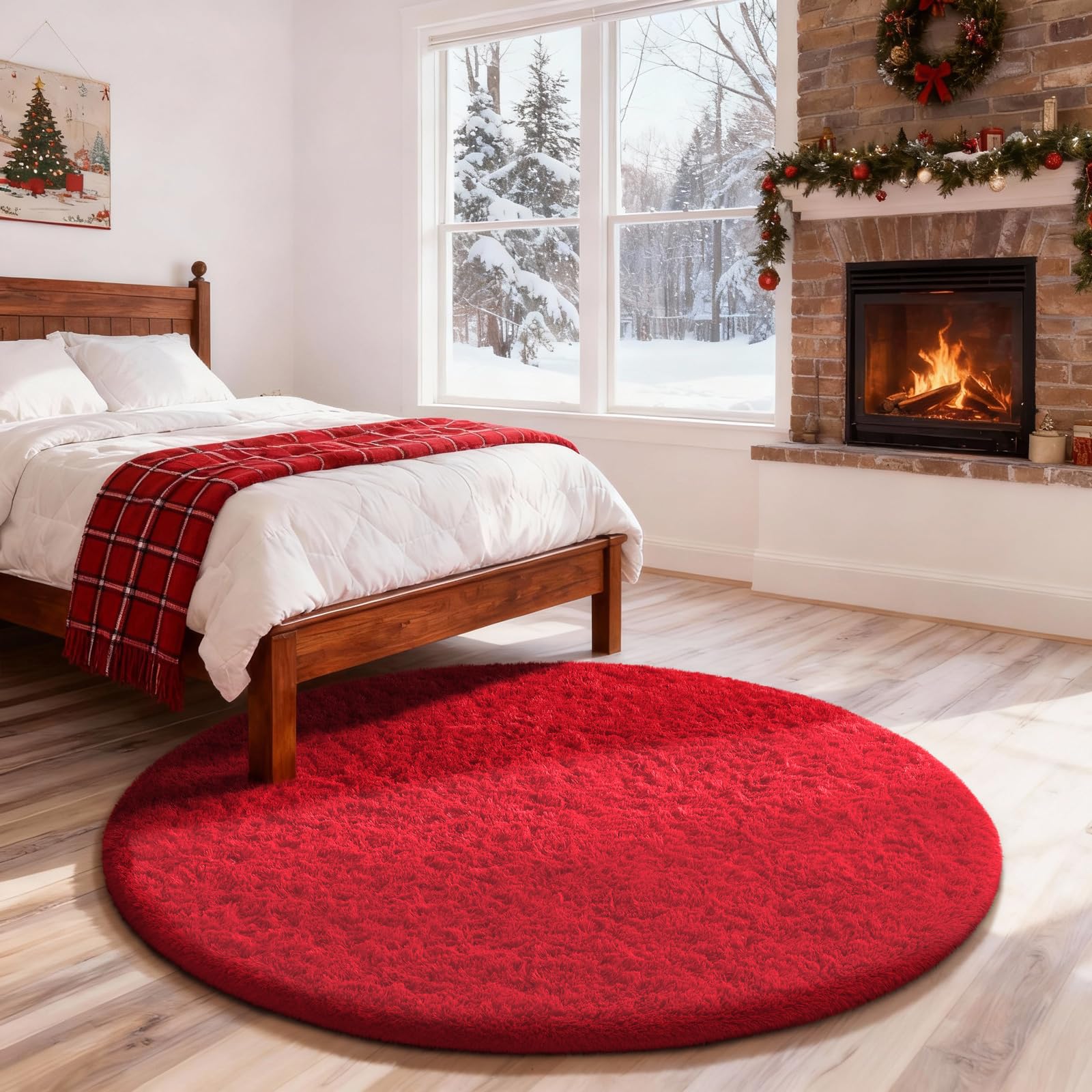 Ophanie Round Rug 4Ft Red Circle Area Rug, Christmas Room Decor, Aesthetic Nursery Bedroom Carpet, Fluffy Fuzzy Plush Soft Shagg