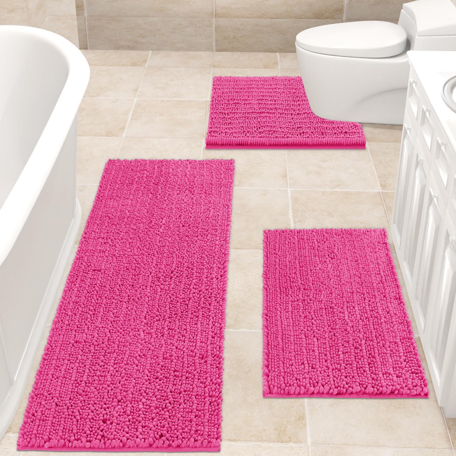 Accumtek Upgrade Extra Large Shiny Pink Bathroom Rug Set 3 Pieces Ultra Soft, Thick Absorbent Bath Mats, Non Slip Chenille Toile