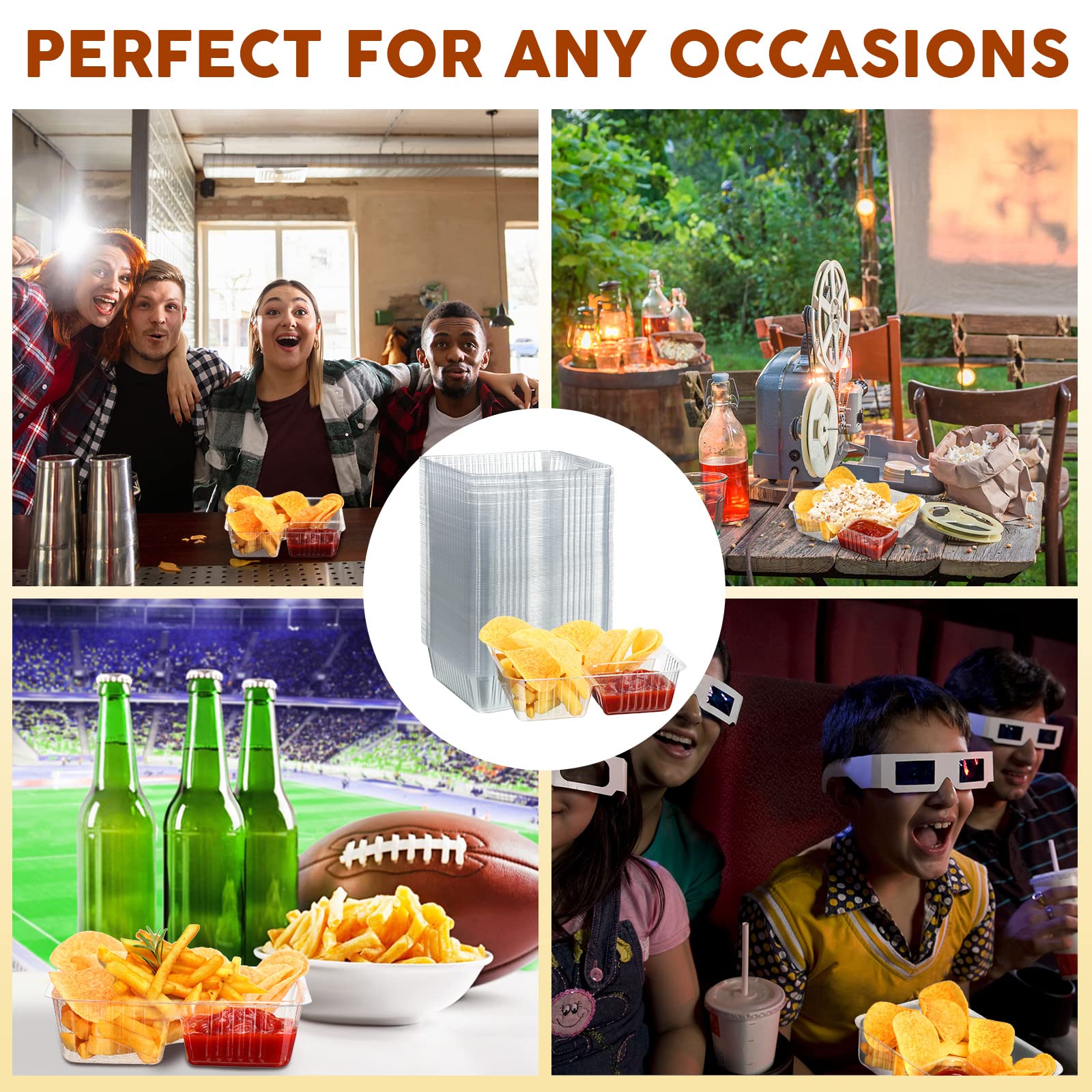 300 Pcs 12Oz Nacho Trays Disposable Food Tray 2 Compartment Nacho Boat Concession Stand Supplies Movie Night Snack Trays Clear P