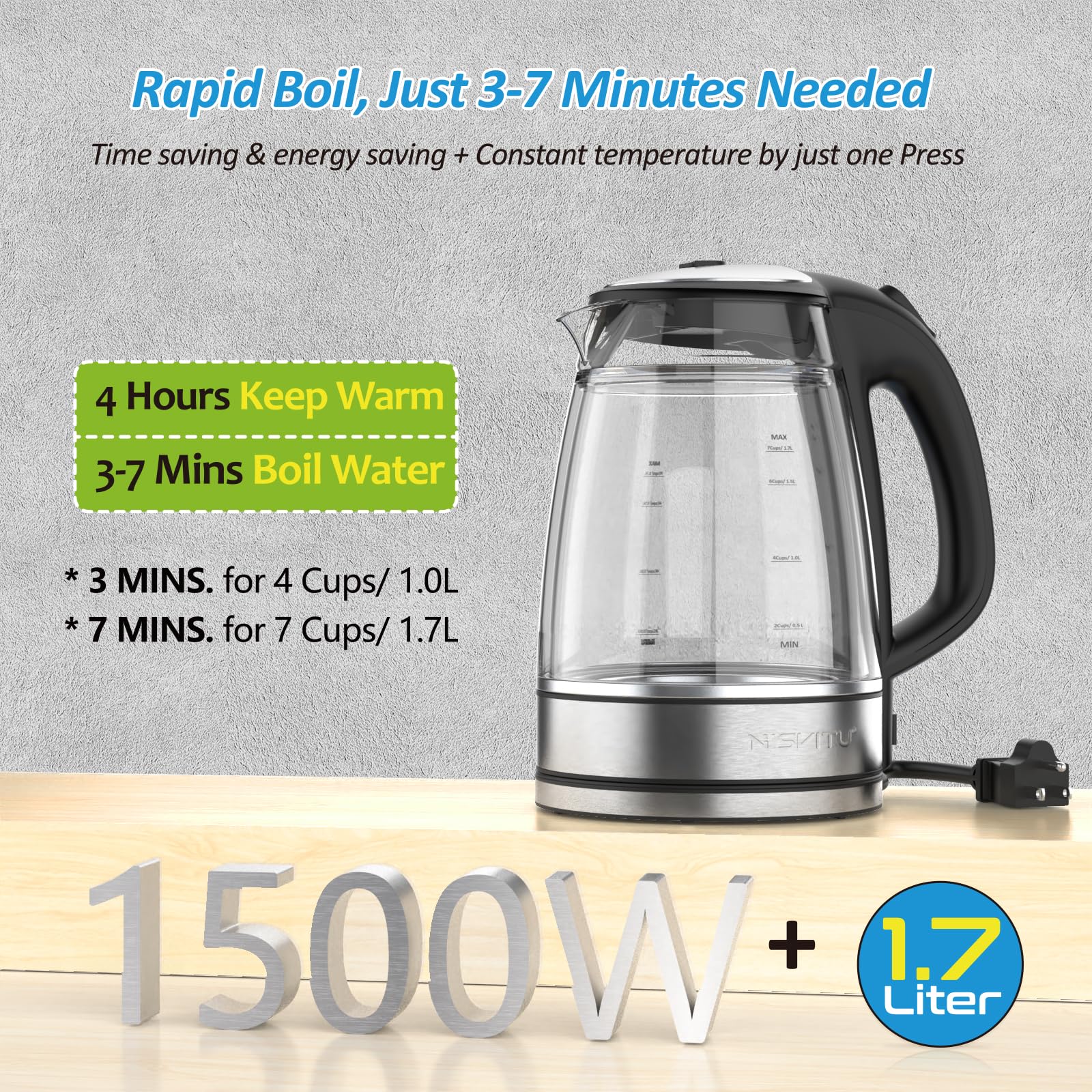 Double Glass Electric Kettle 1.7L Cordless Water Boiler, Tea Heater With Auto Shutoff & Dry Production For Boiling Hot Water,Led