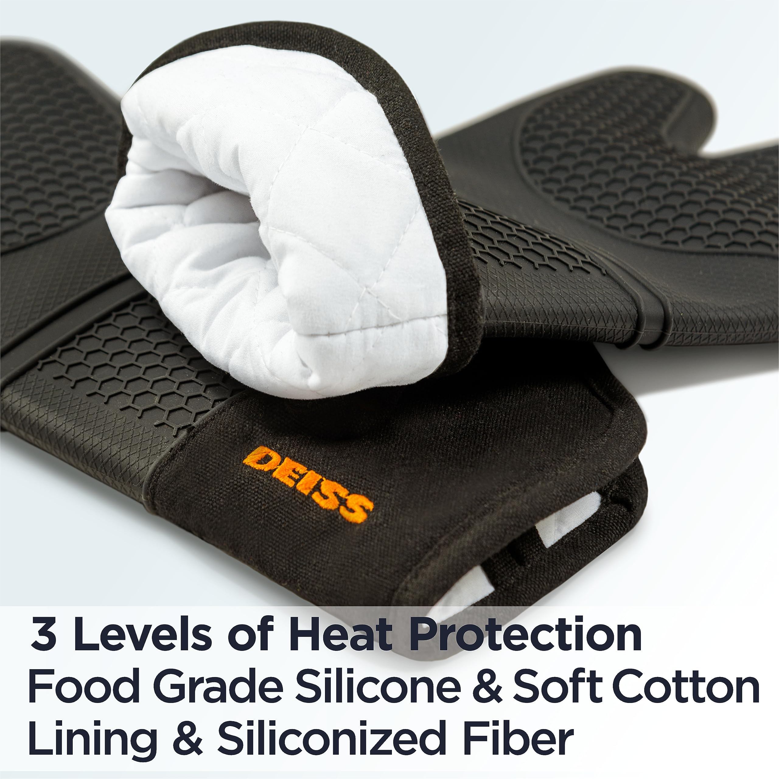 Deiss Pro Heat And Stain Resistant Silicone Oven Mitts Set, Soft Cotton Lining Bbq Gloves, Waterproof, Extra Long Flexible Thick