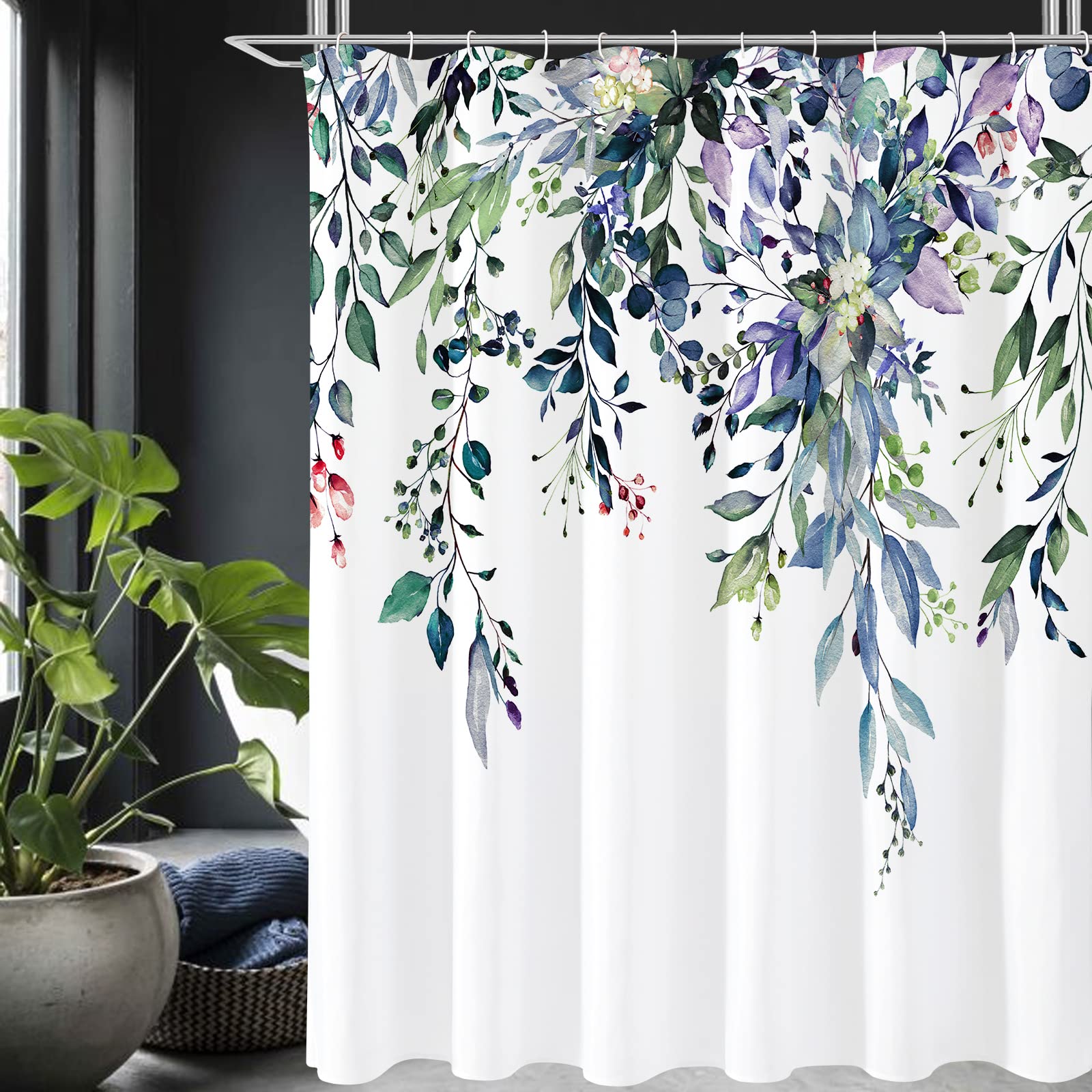Gibelle Extra Long Shower Curtain 72 X 84, Green Eucalyptus Leaves Shower Curtain, Watercolor Floral Plant Bathroom Curtains Sho