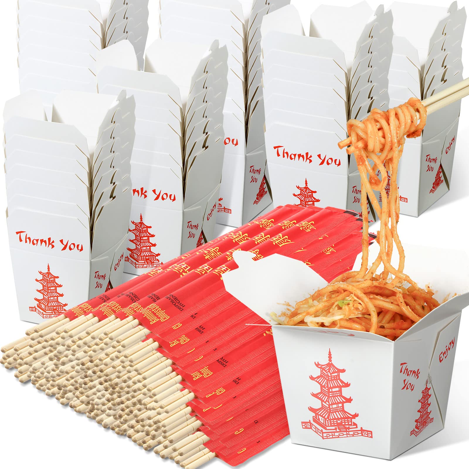 50 Sets 16 Oz Chinese Take Out Boxes With Chopsticks, Pagoda Paper Food Containers With Sleeved And Separated Disposable Chopsti