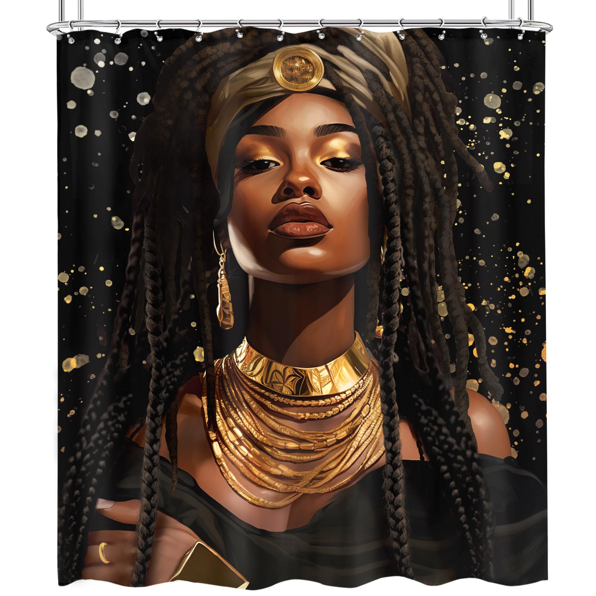 Omifly Black Girl Shower Curtain 60Wx72H Inch African American Woman Afro Ethnic Golden Luxury Modern Vintage Retro Fashion Aest