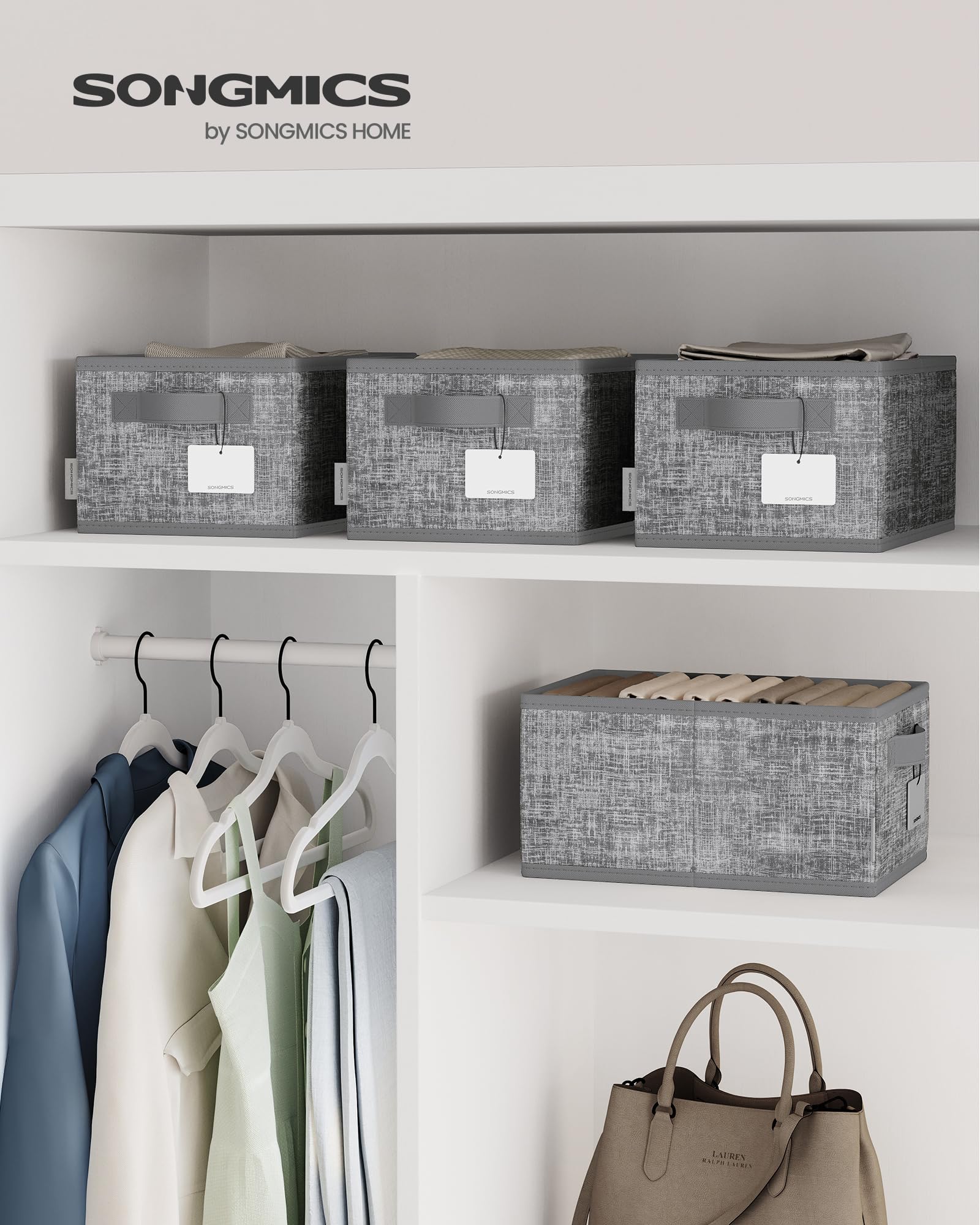 Songmics Storage Baskets, Set Of 3 Fabric Storage Bins, 11.8 X 7.9 X 5.9 Inches, Foldable Closet Organizer For Shelves, 2 Handle