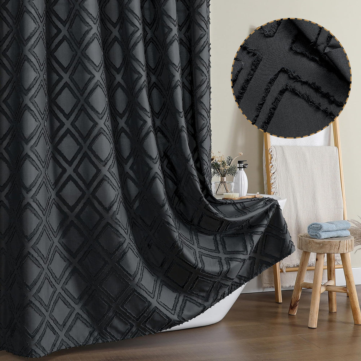 Owenie Solid Black Fabric Shower Curtain For Bathroom, Farmhouse Boho Shower Curtain- Soft Cloth & Hotel Spa Quality, Machine Wa