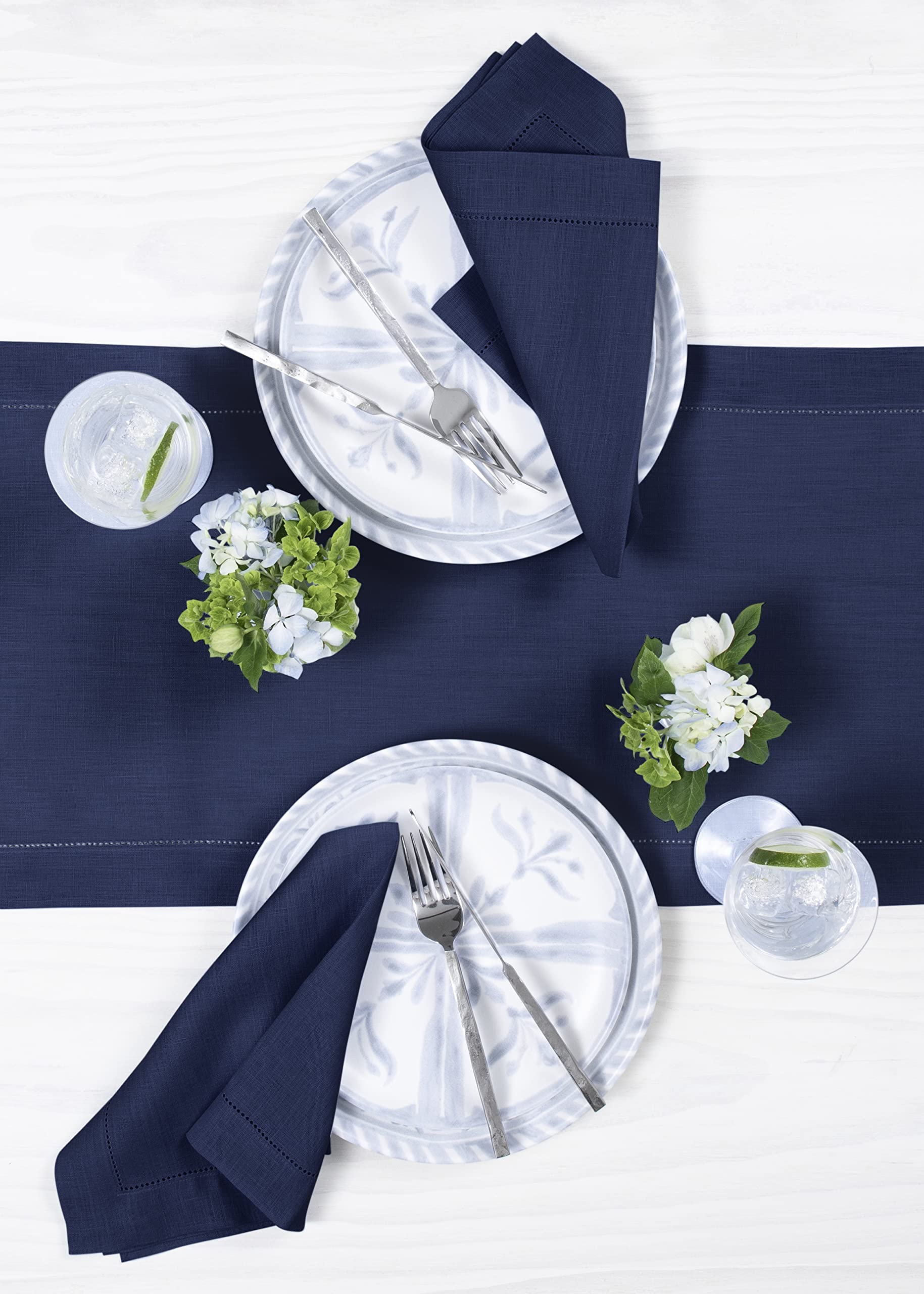 Solino Home Navy Linen Table Runner 132 Inches Long - 100% Pure Linen Classic Hemstitch Table Runner 14 X 132 Inch - Machine Was
