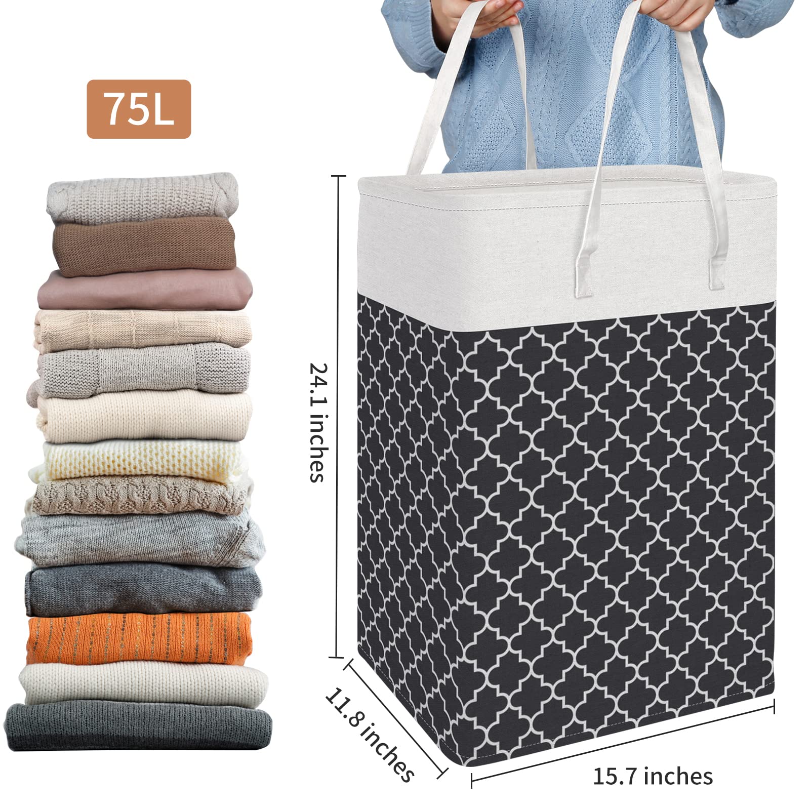 HomeHacks Laundry Baskets with Long Handles  Collapsible Waterproof Clothes Hamper  Durable Tall Laundry Bin for Bedroom  Bathroom  Dorm  Toys  75L  2-Pack  Black