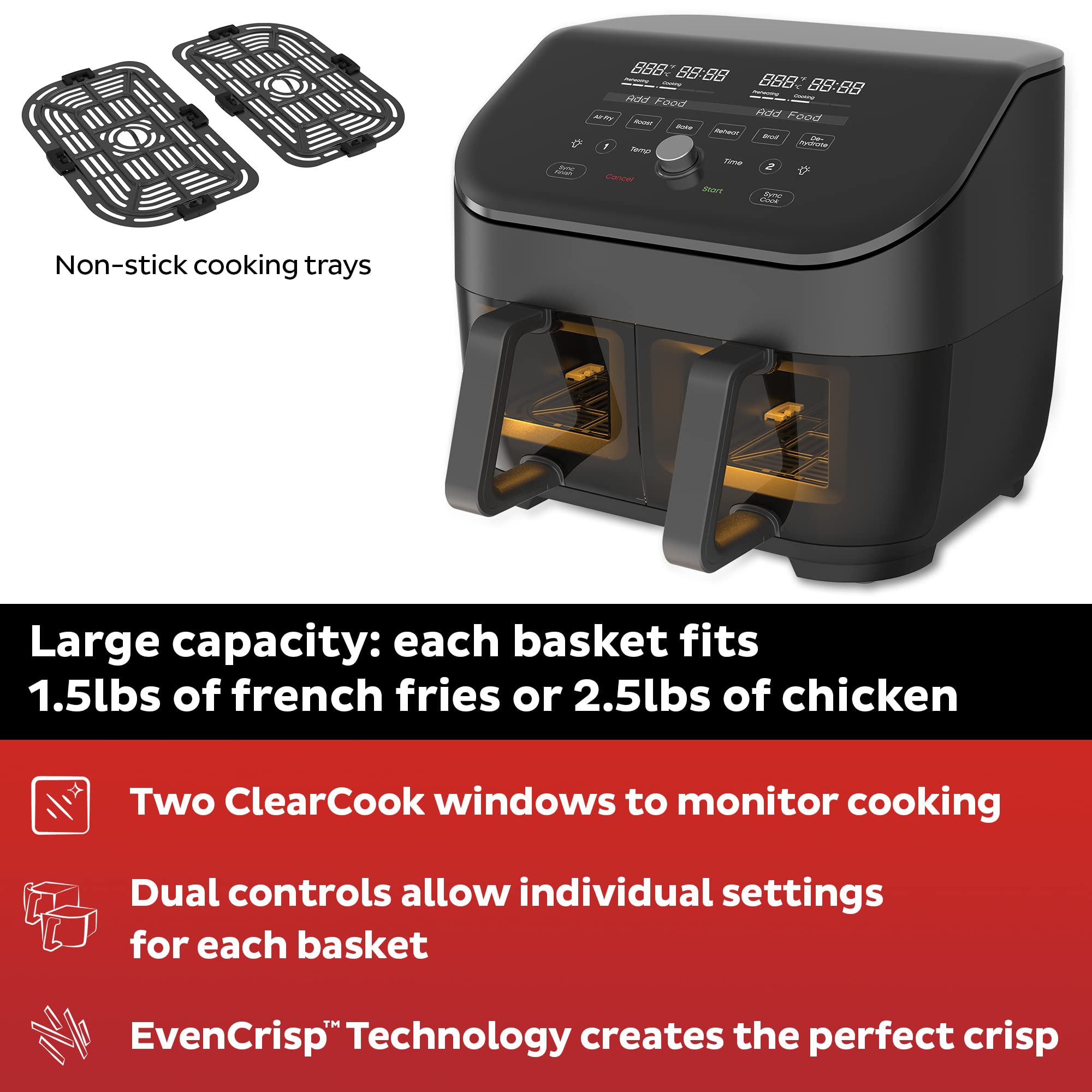Instant Pot Vortex Plus XL Air Fryer, 8QT Dual Basket, Black, Custom Programming, 8-in-1 Functions, Model 140-3090-01