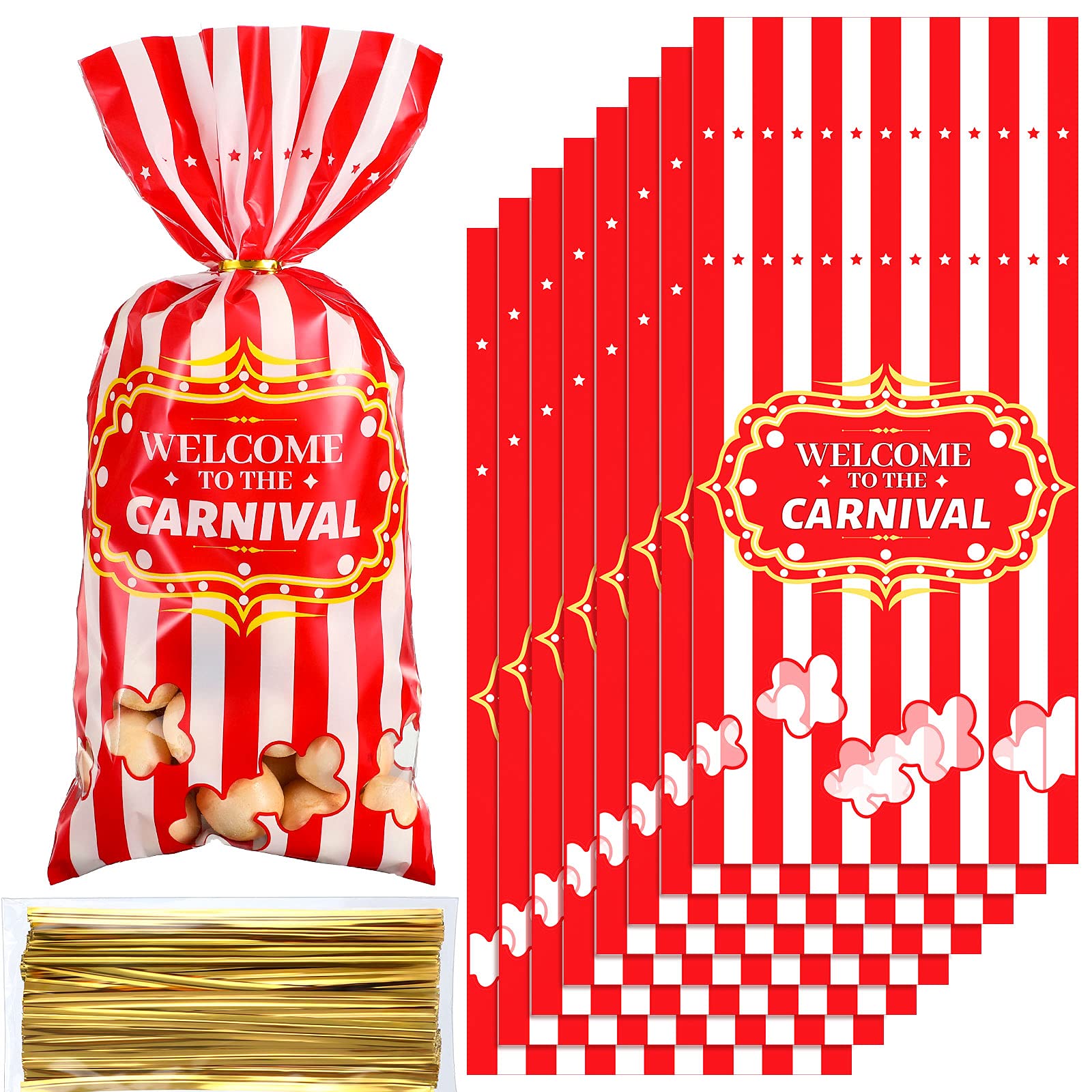 Carnival Candy Bags Circus Plastic Bags Carnival Party Treat Bags Popcorn Pattern Party Bags Goody Bags With 100 Gold Twisted Ti