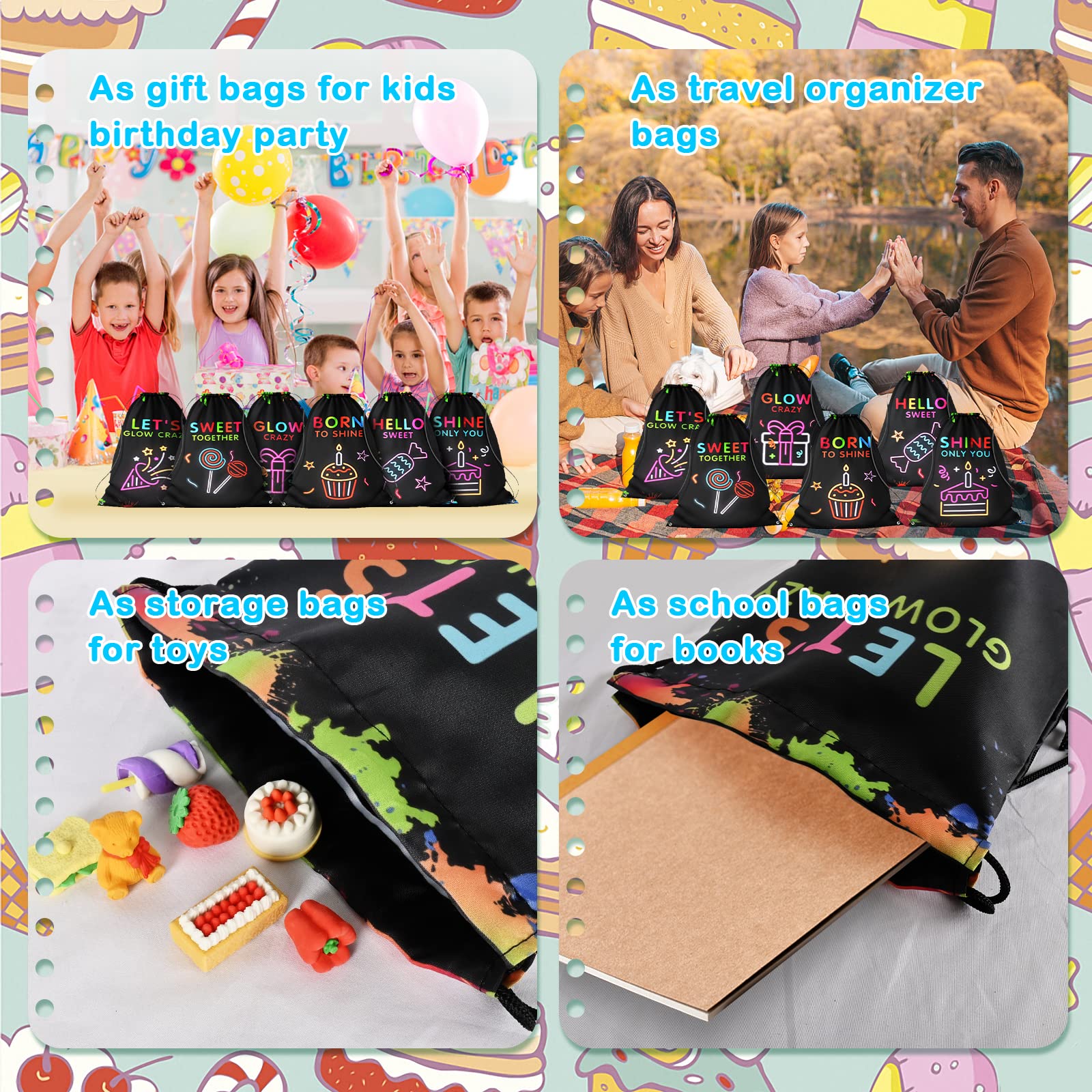 12 Pack Glow Party Supplies Favor Drawstring Bags for Kids' Birthday  Boys Girls Glow Neon Drawstring Backpack Bag as Loot and Goodie bags for Gifts  Treat  Candy  School  Travel or Theme Birthday Party Decorations
