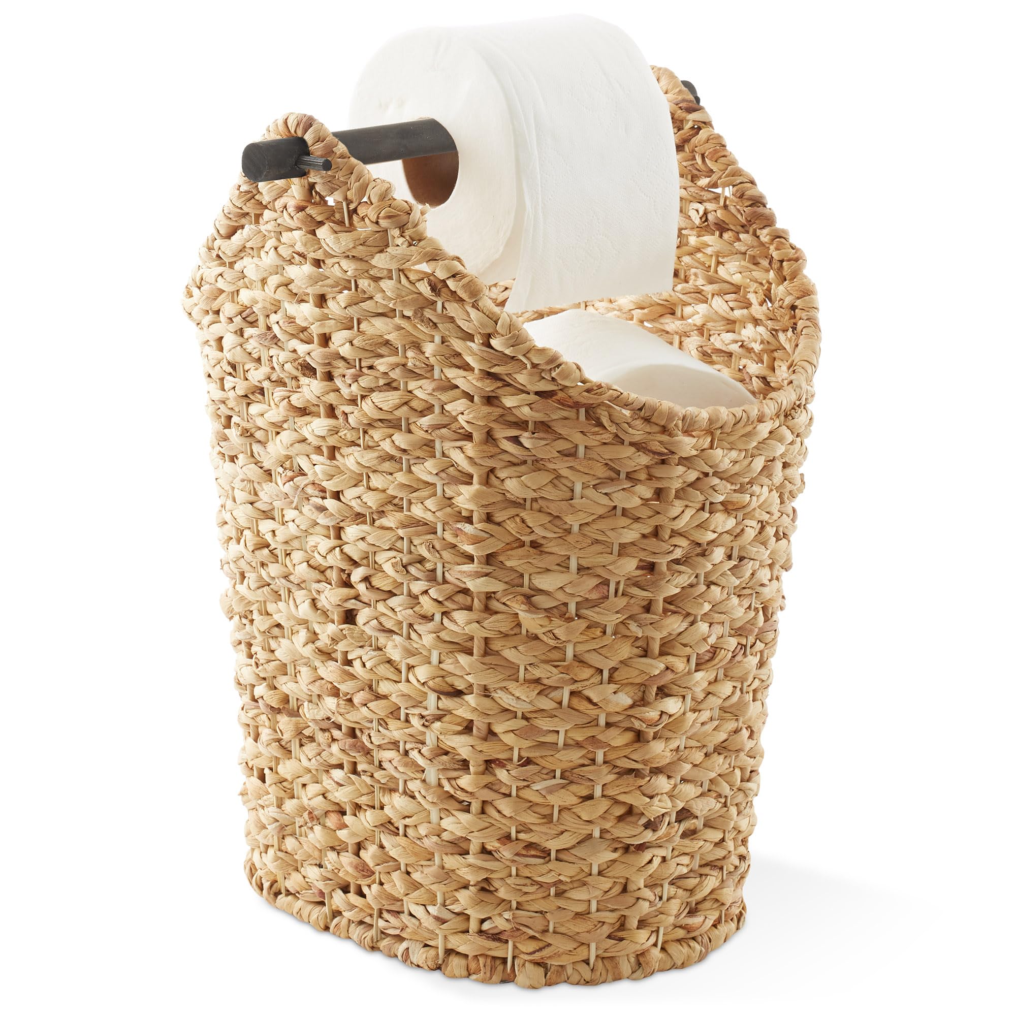 Casafield Toilet Paper Storage Basket with Wood Roll Holder Bar - Espresso, Braided Water Hyacinth Wicker Bathroom Tissue Storag