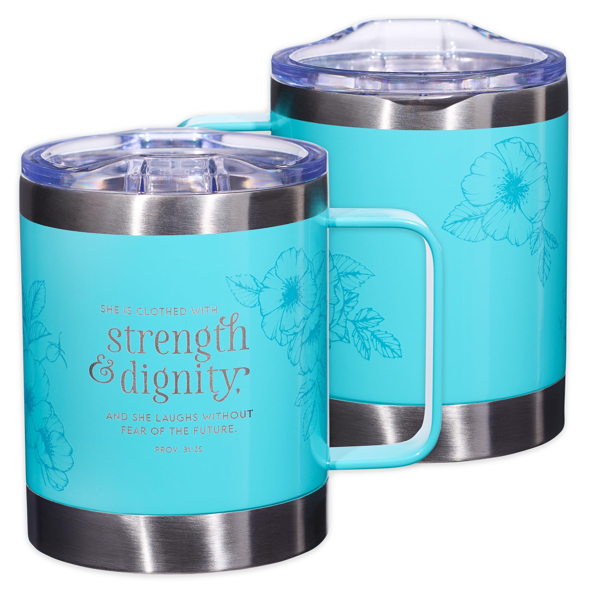 Christian Art Gifts Stainless Steel Double Wall Vacuum Insulated Camp Style Travel Mug 11 Oz Floral Teal Coffee Mug With Lid And