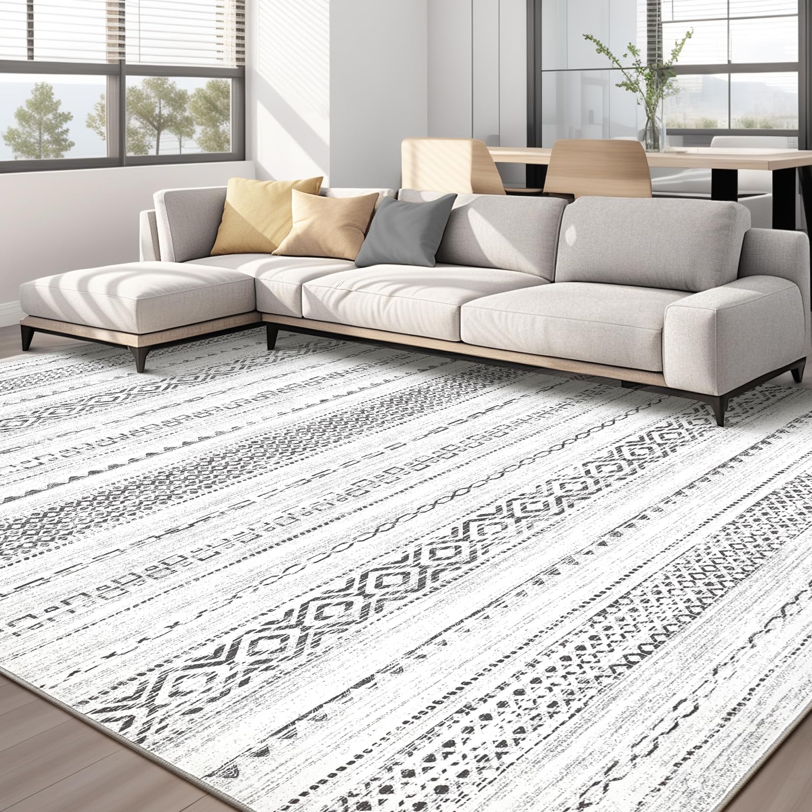 Area Rug Living Room Rugs - 9x12 Washable Boho Farmhouse Bohemian Neutral Large Rug Moroccan Geometric Soft No Slip Indoor Thin 